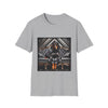 Sport gray dog t-shirt featuring coonhound in edgy black bomber jacket with fur cuffs, seated on a tufted leather settee.