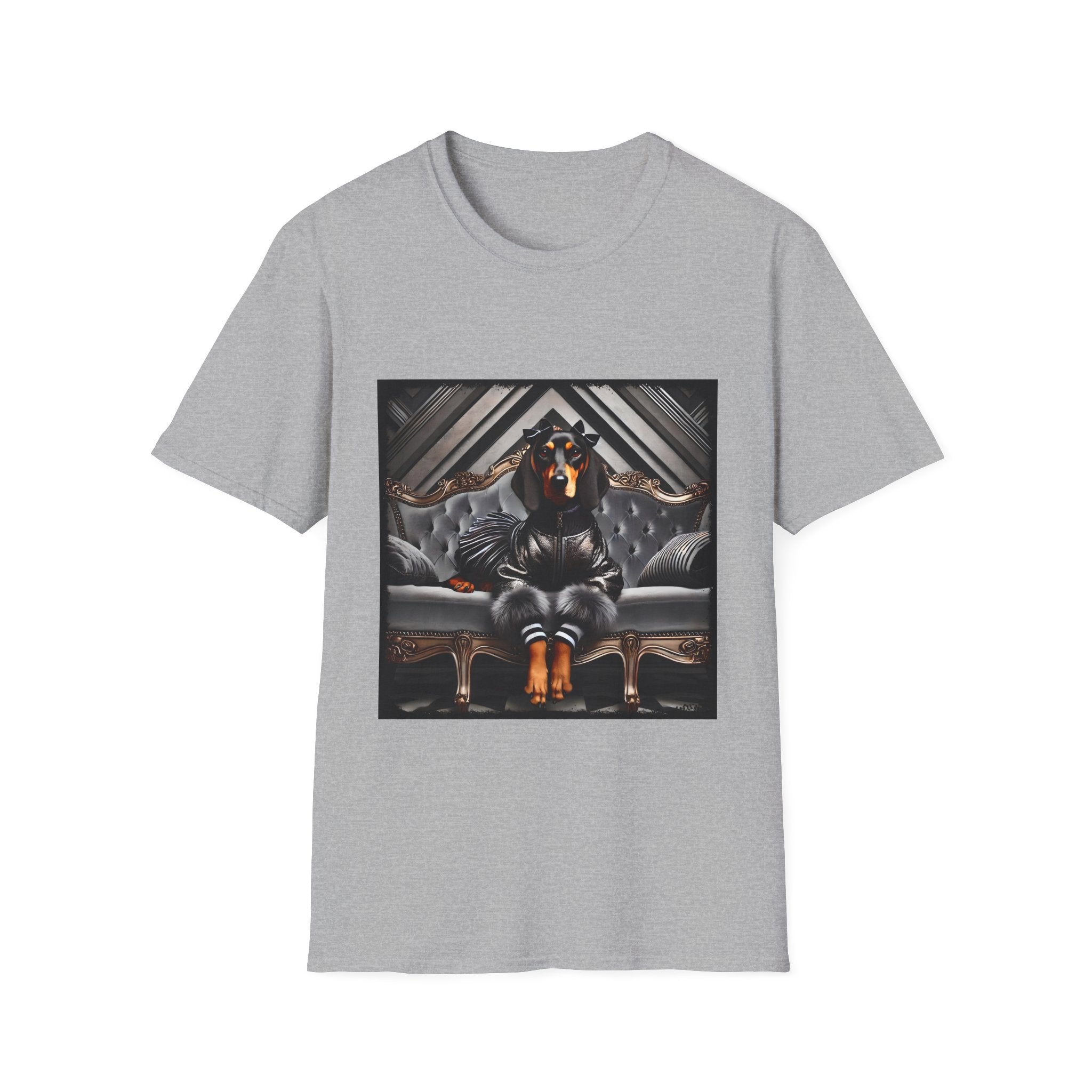 Sport gray dog t-shirt featuring coonhound in edgy black bomber jacket with fur cuffs, seated on a tufted leather settee.