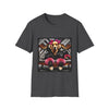 Dark heather dog t-shirt with golden retriever in edgy outfit, pink bows and cuffs, on silver tufted settee.