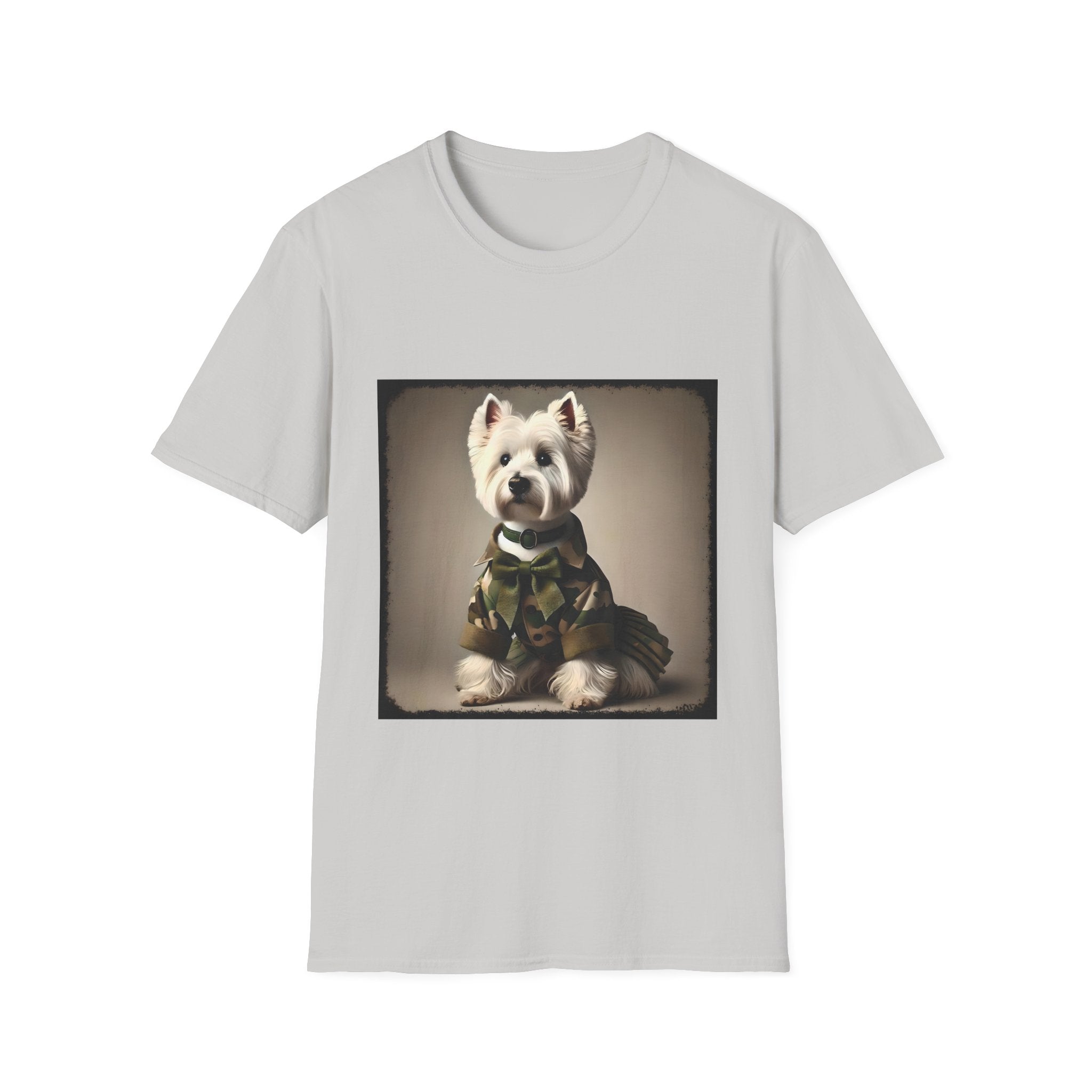 Ice gray dog t-shirt featuring Westie in camouflage jacket and pleated skirt against neutral backdrop.