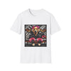 White dog t-shirt with golden retriever in edgy outfit, pink bows and cuffs, on silver tufted settee.