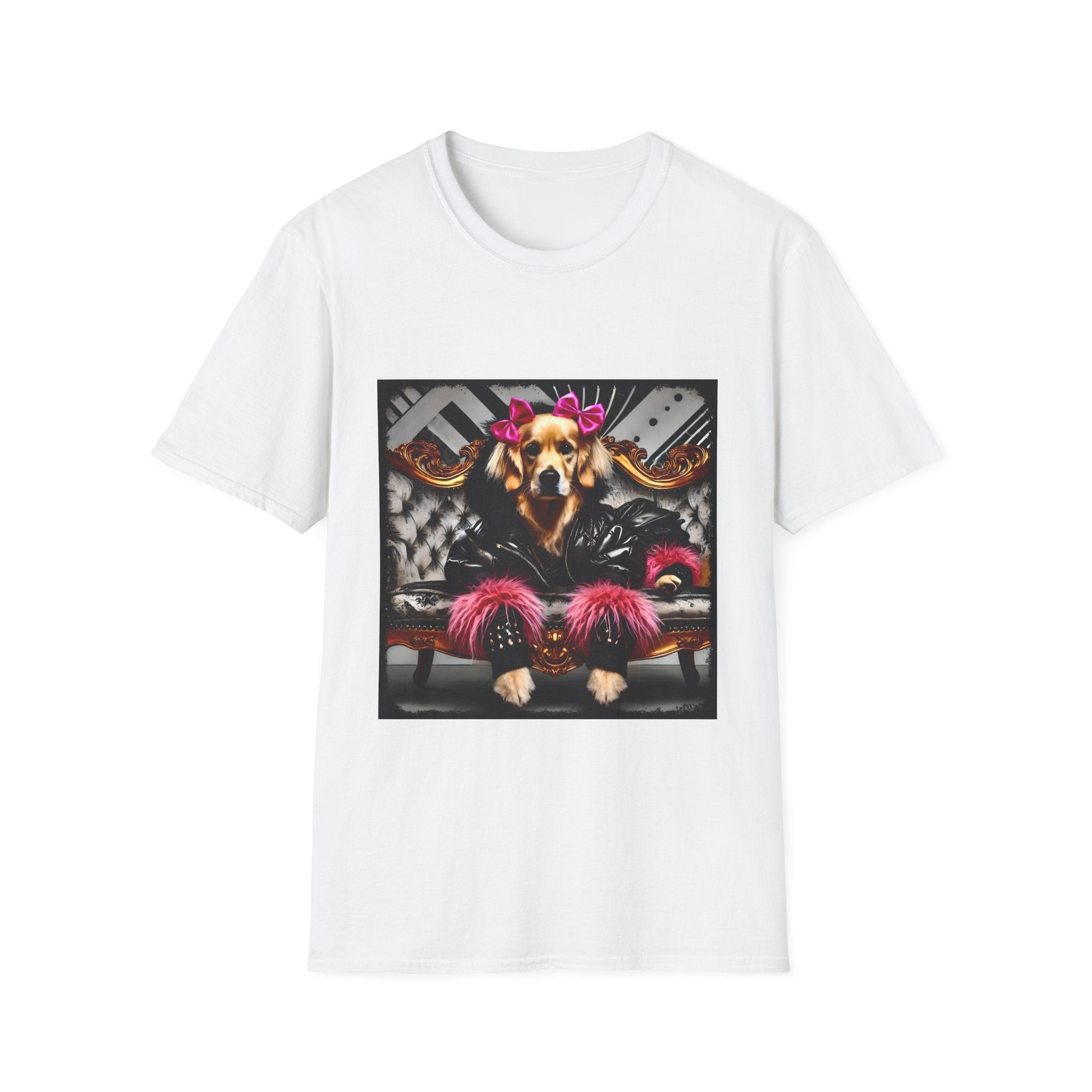 White dog t-shirt with golden retriever in edgy outfit, pink bows and cuffs, on silver tufted settee.