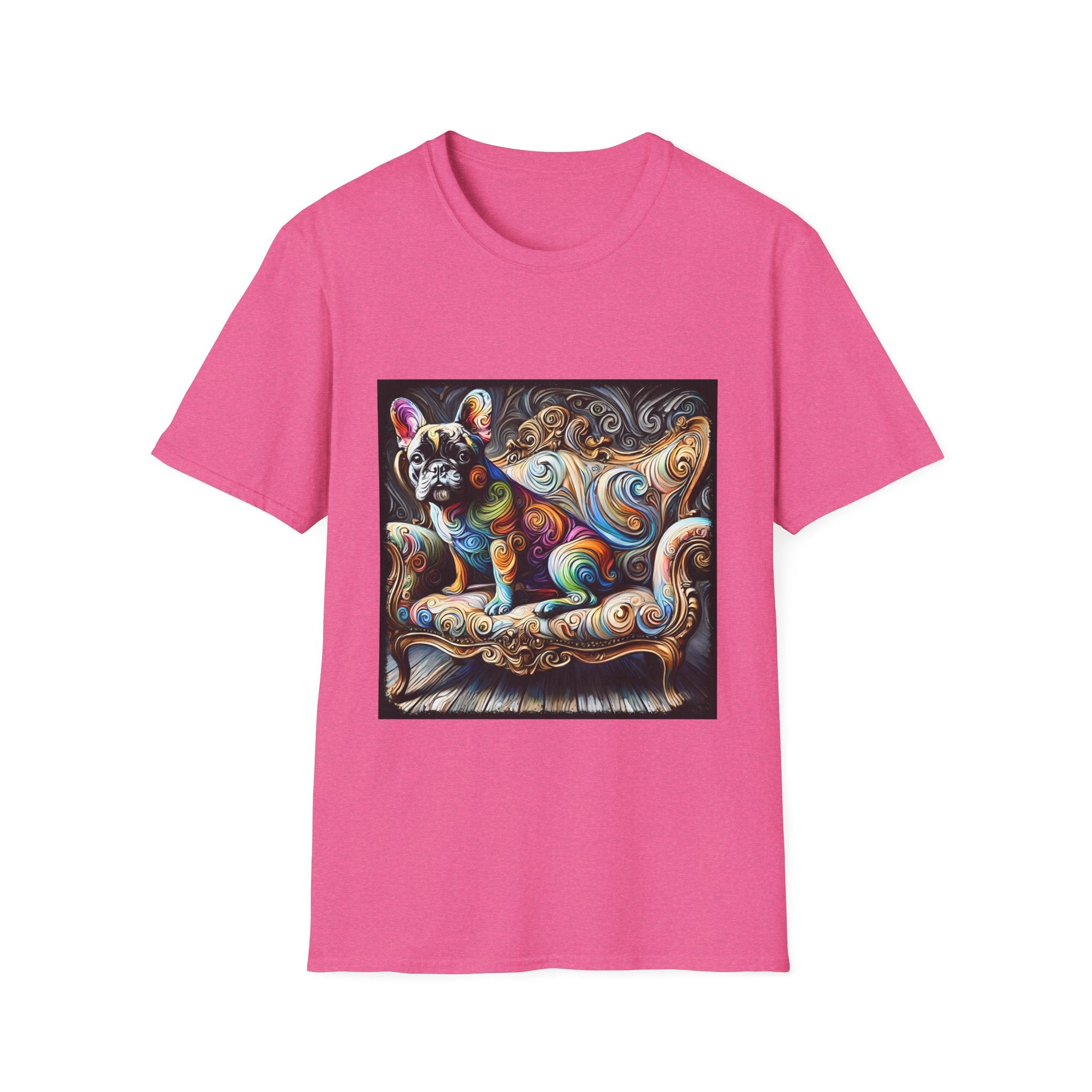 Bright pink t-shirt featuring rainbow French Bulldog on golden settee with swirl pattern, expressionism style.