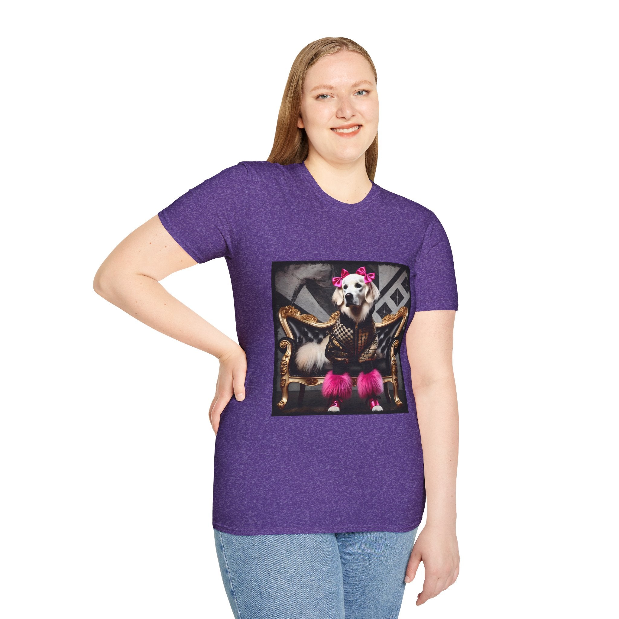 Female model in heather purple dog t-shirt featuring white dog in pink bows and boots on gold settee with edgy gray backdrop.