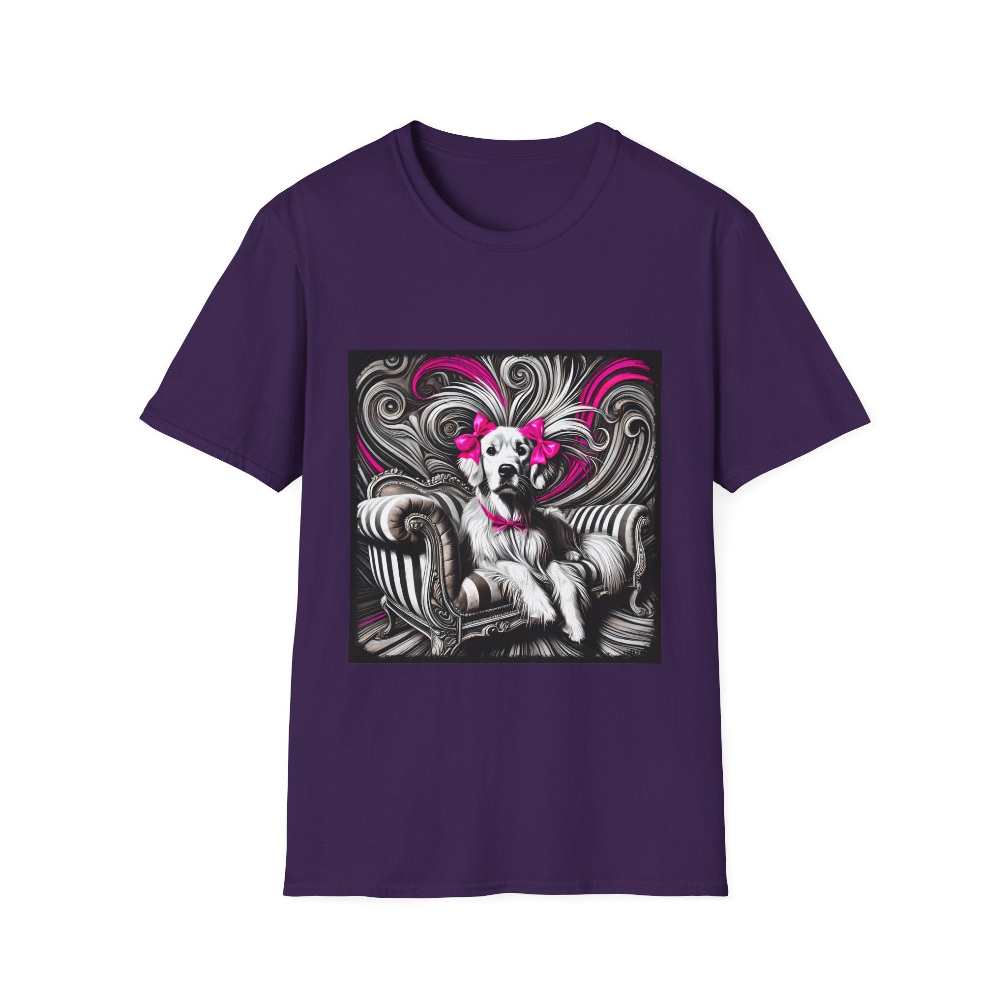 Purple dog t-shirt featuring black-and-white art of retriever with pink bows and swirling accents.