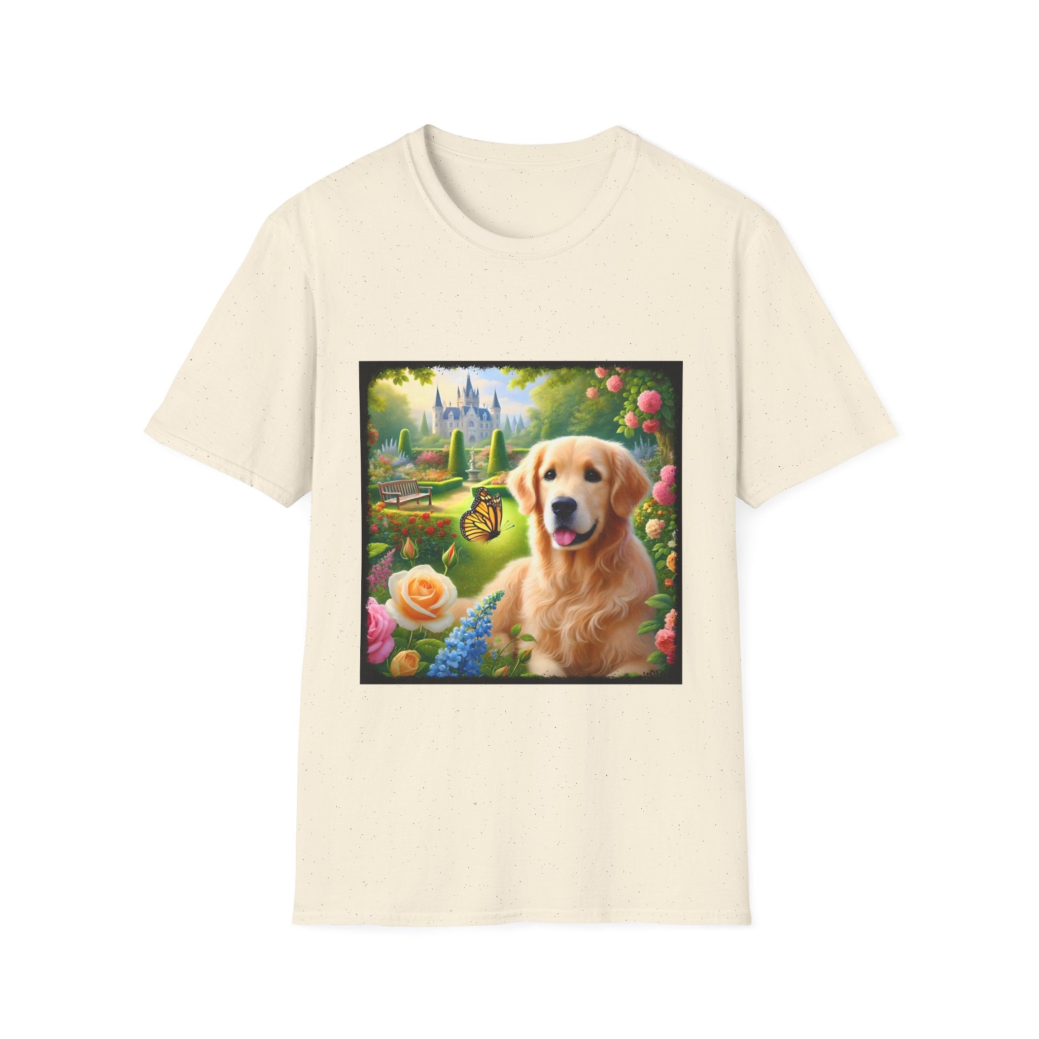 Natural dog t-shirt featuring a golden retriever in a vibrant castle garden with blooming roses and a butterfly.