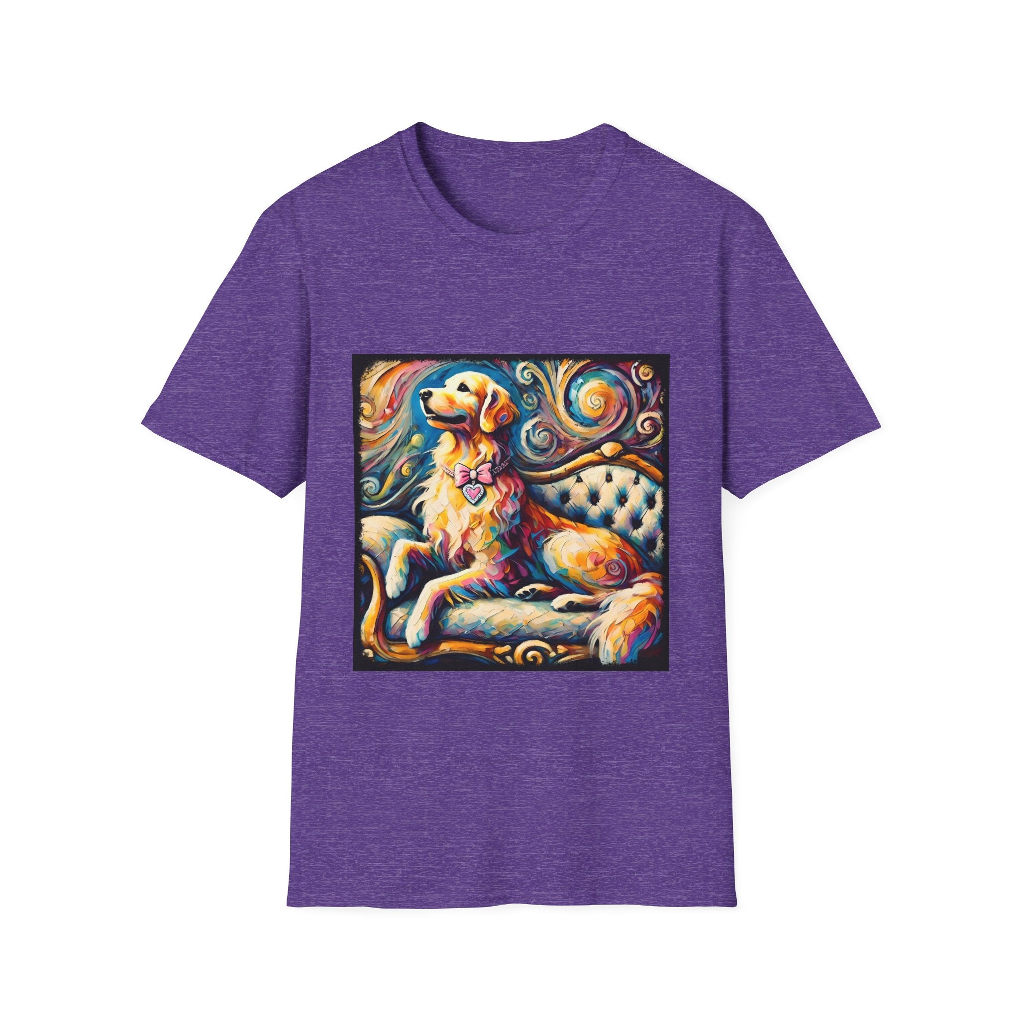 Heather purple dog t-shirt featuring golden retriever with pink heart collar on colorful tufted settee.