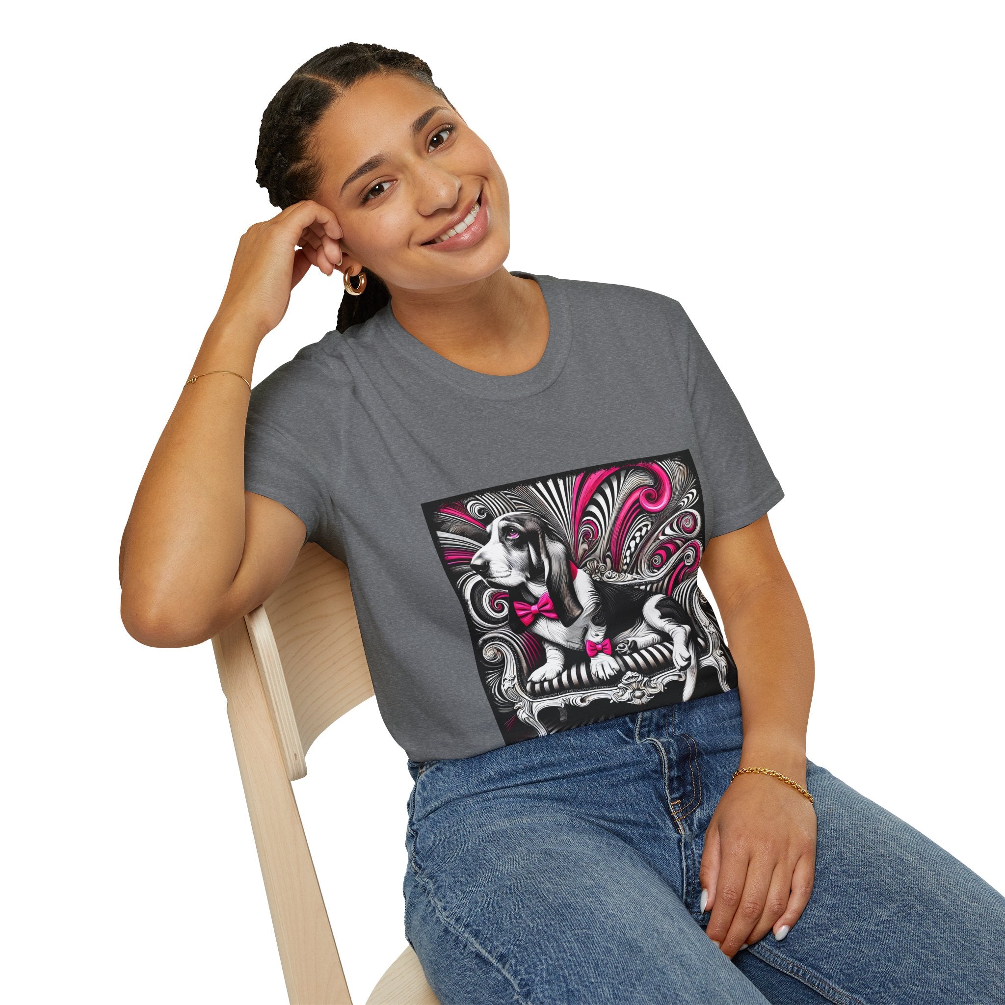 Basset Hound B&W Pink Bow Bold | Unisex Dog T-Shirt