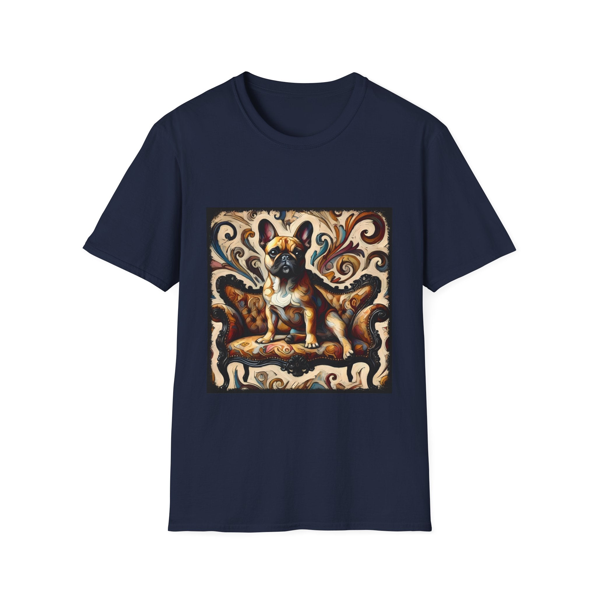 Navy blue t-shirt featuring fawn French Bulldog on ornate amber and black settee with rich tan swirl backdrop.