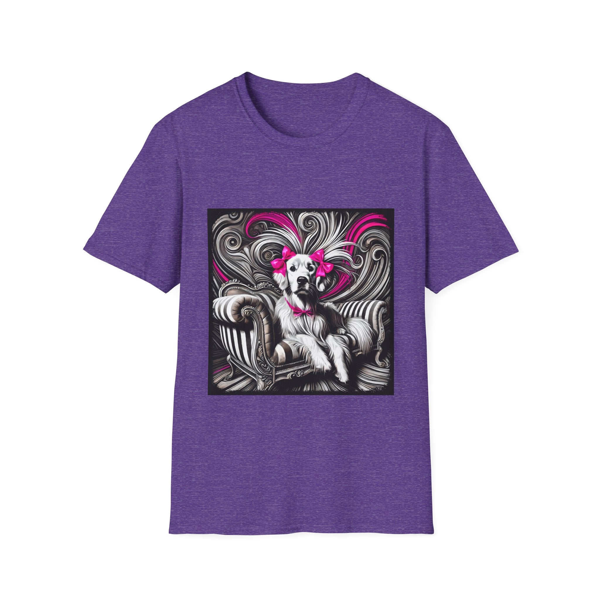 Heather purple dog t-shirt featuring black-and-white art of retriever with pink bows and swirling accents.