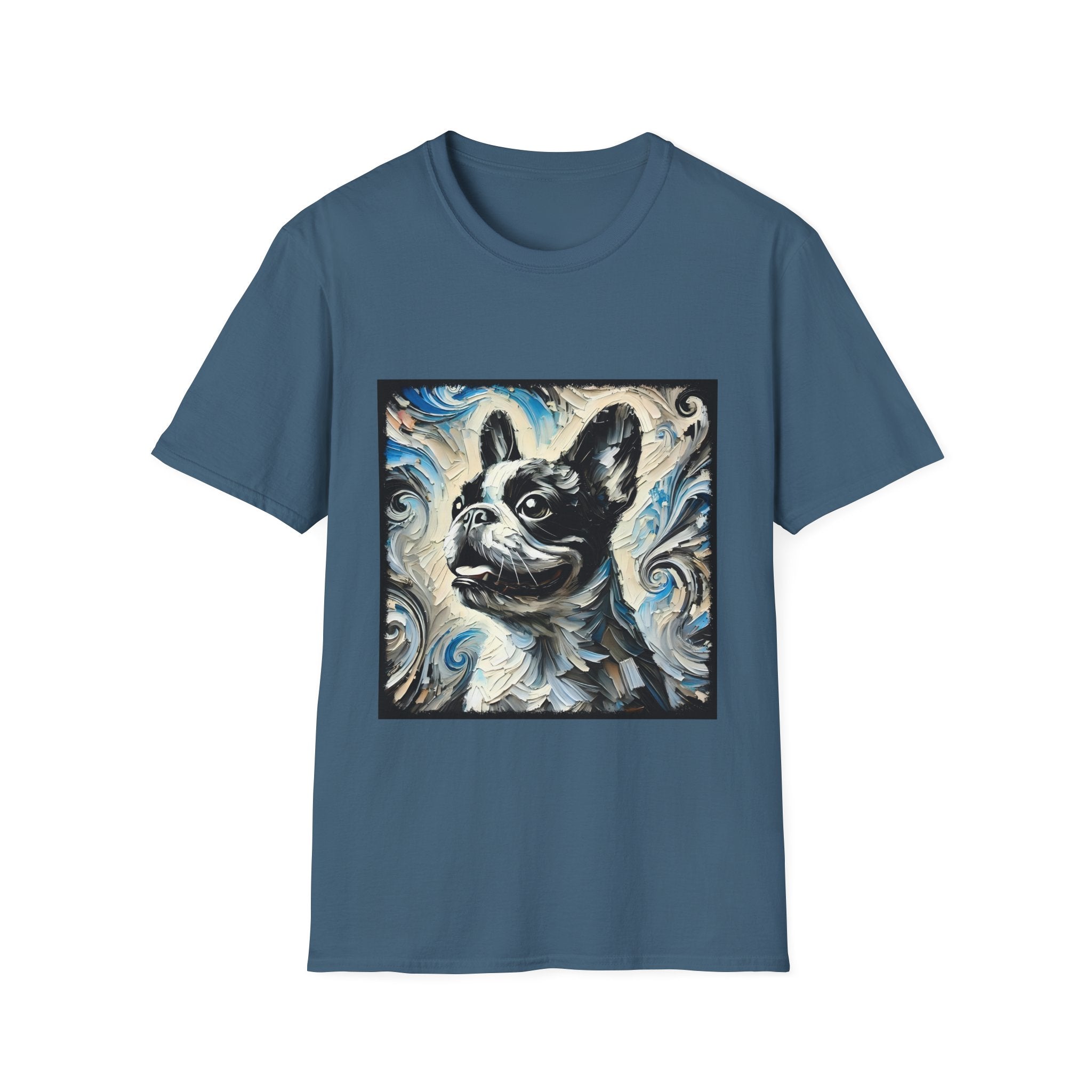 Indigo blue dog t-shirt with black and white French Bulldog portrait on swirl-patterned vintage background.
