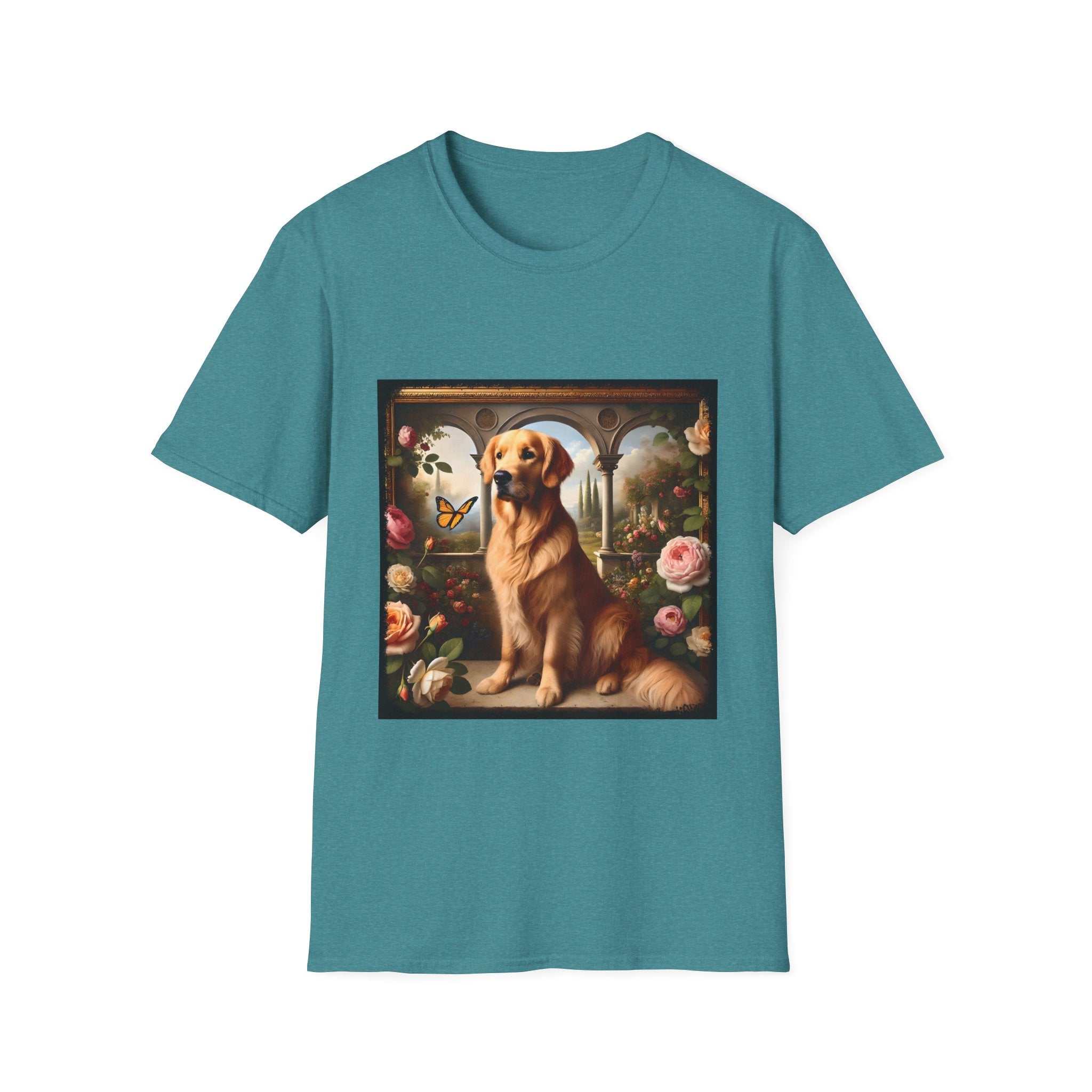 Teal dog t-shirt featuring golden retriever in garden scene with roses, archway, and butterfly.