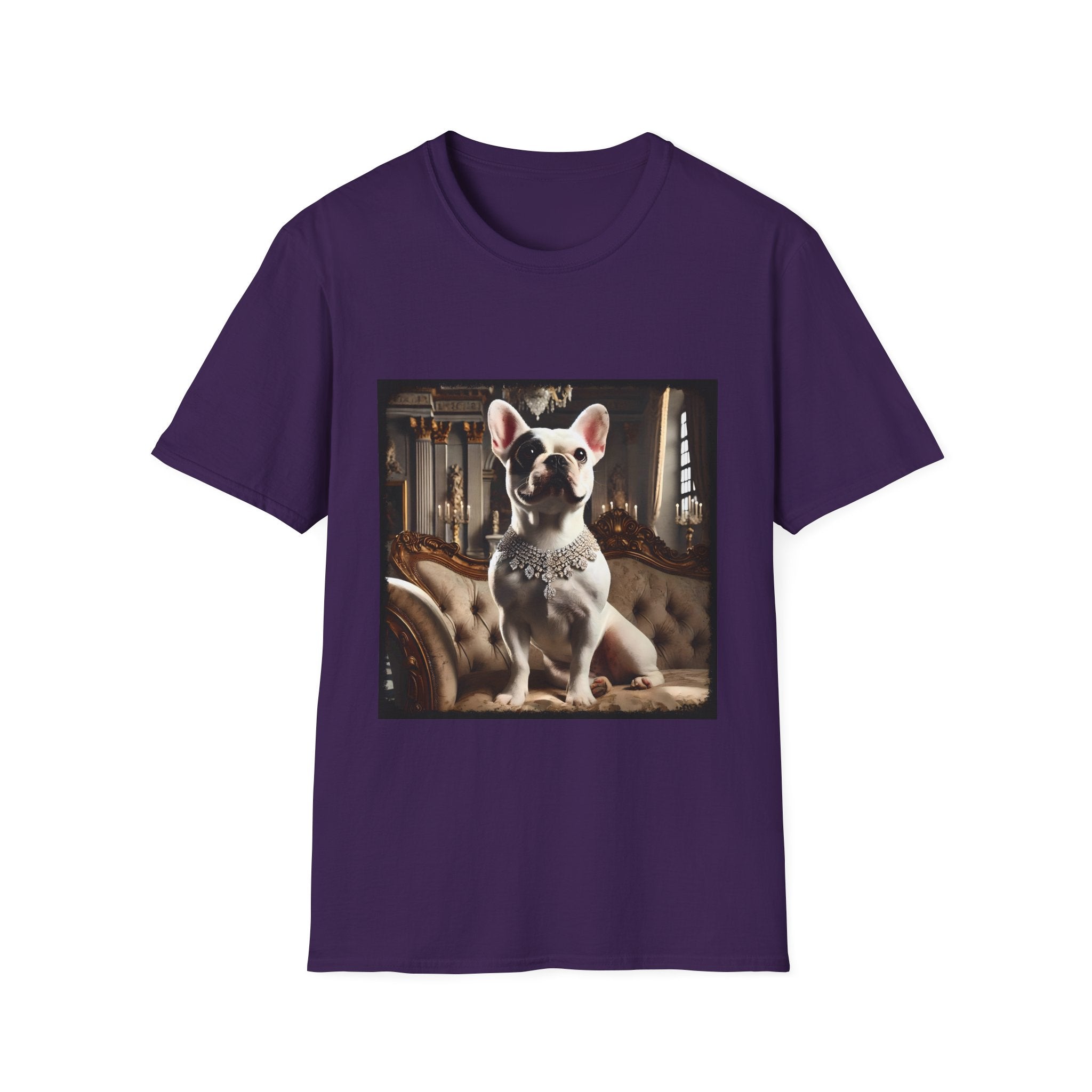 Purple dog t-shirt featuring white French Bulldog wearing jeweled necklace, seated on tufted settee in elegant palace setting.