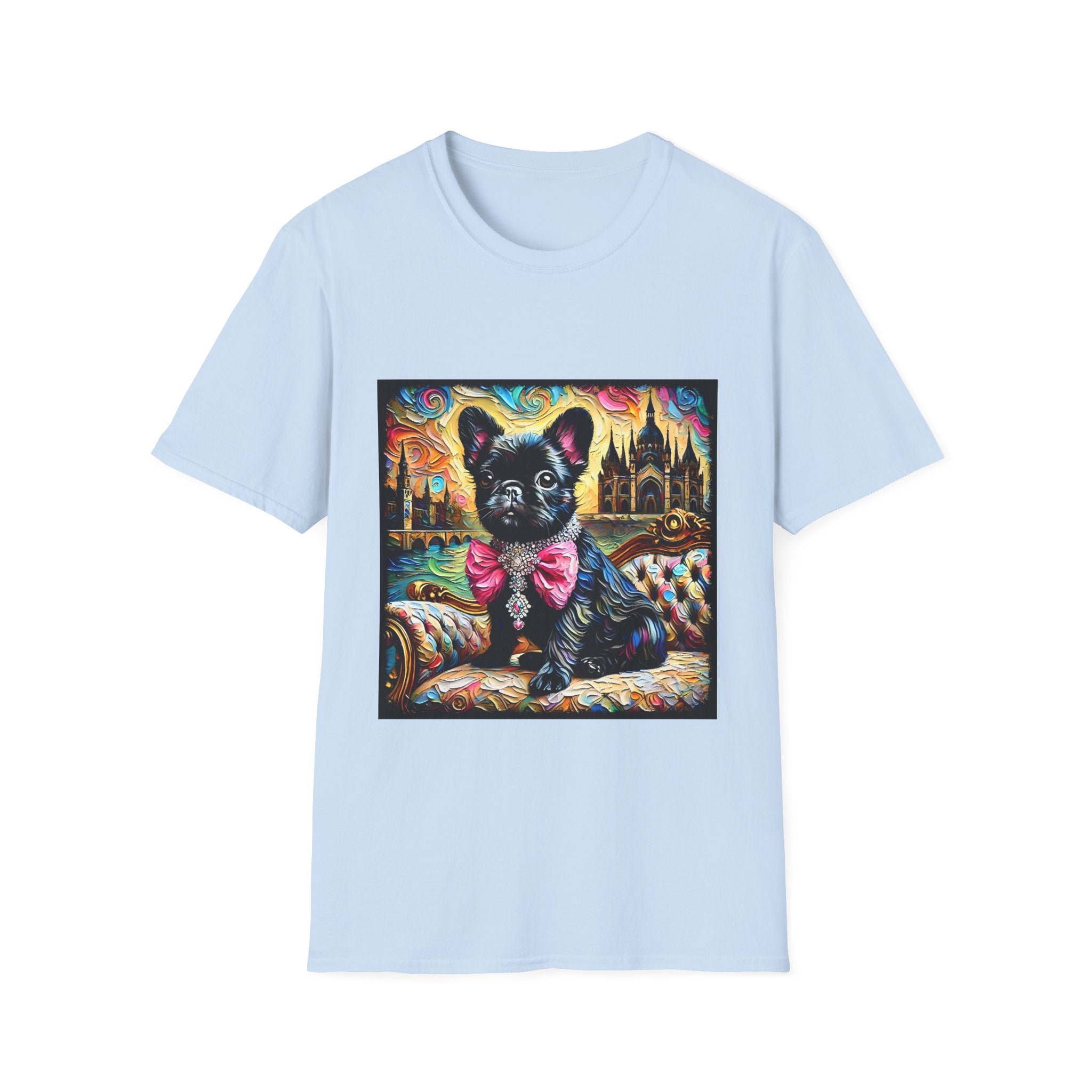 Light blue dog t-shirt featuring black French Bulldog with jeweled pink bow, sitting on patterned settee, vivid castle swirl background.