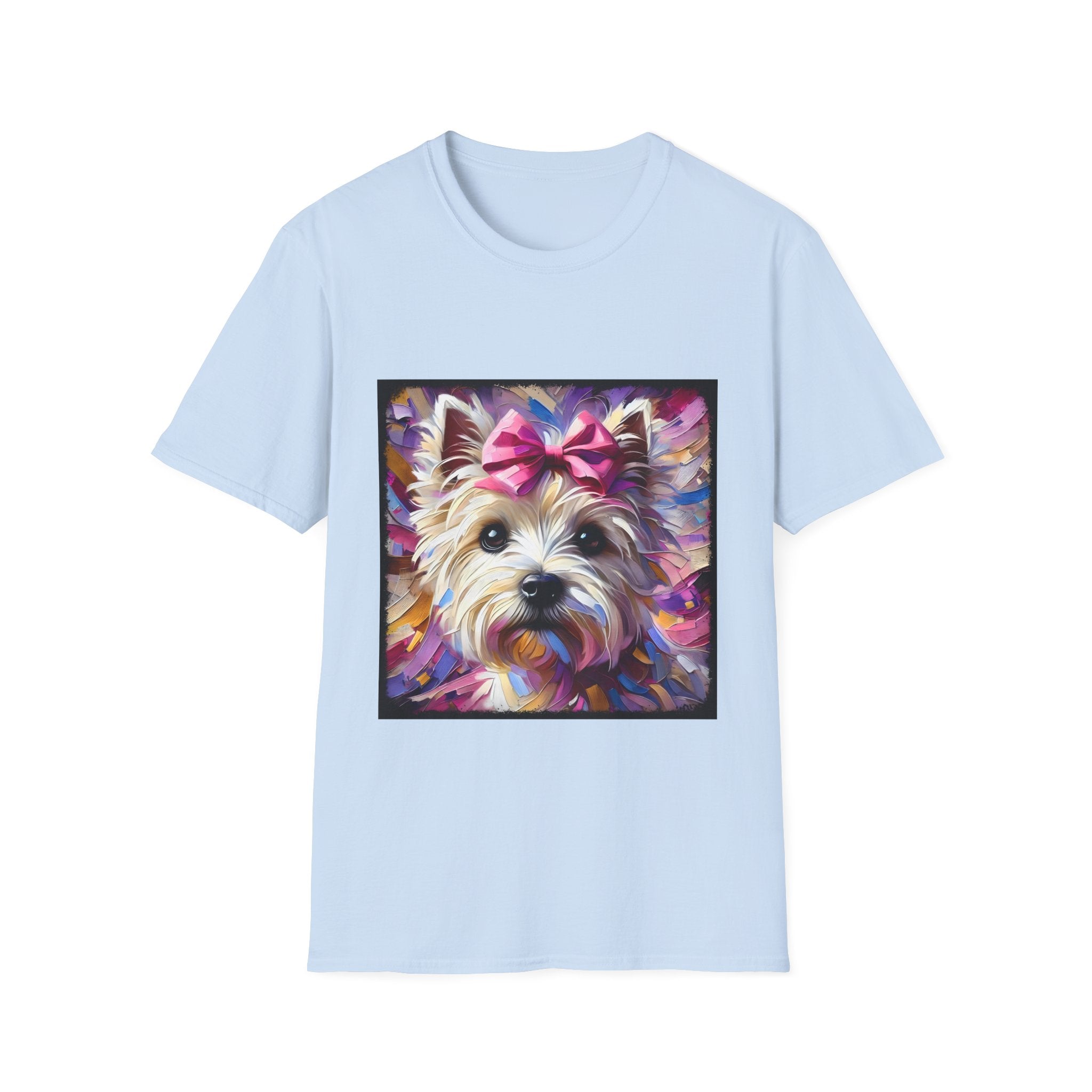 Light blue dog t-shirt with Westie face, pink bow, and bold brushstroke colors in purple, pink, and gold.
