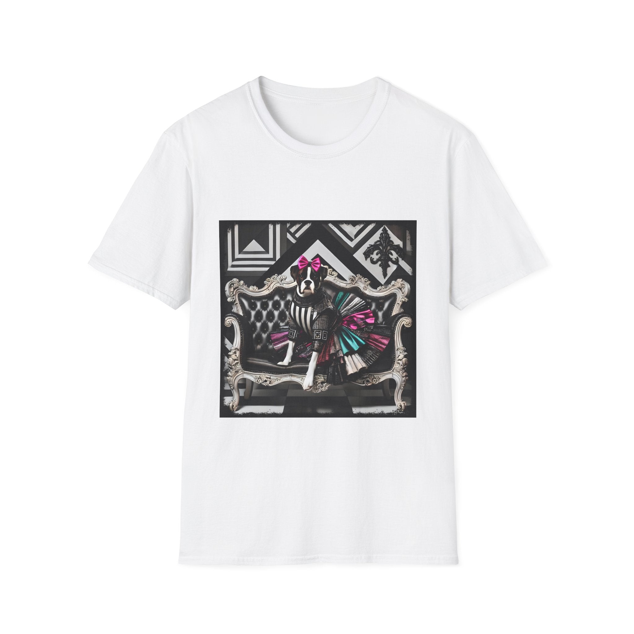 White dog t-shirt with black and white boxer in pink bow and varsity dress in pleated skirt, bold geometric black backdrop.