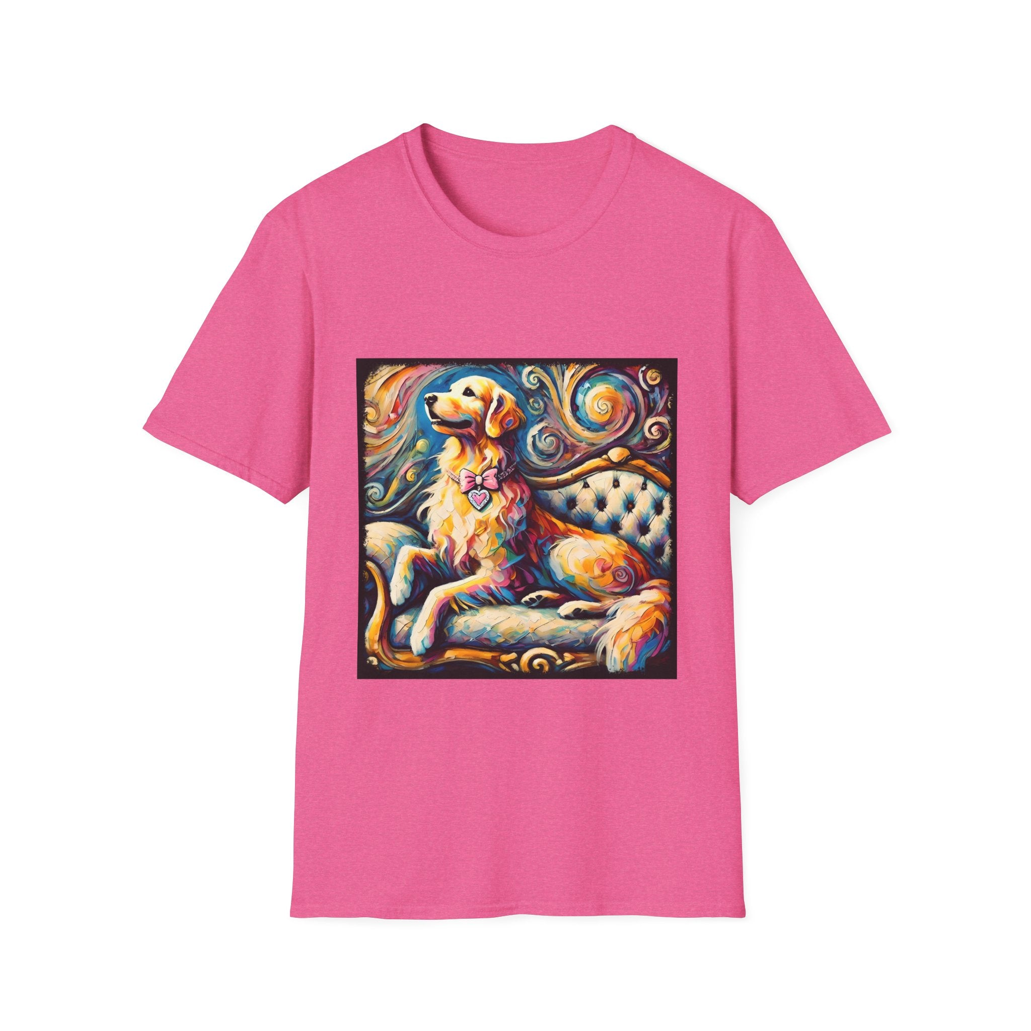Bright pink dog t-shirt featuring golden retriever with pink heart collar on colorful tufted settee.