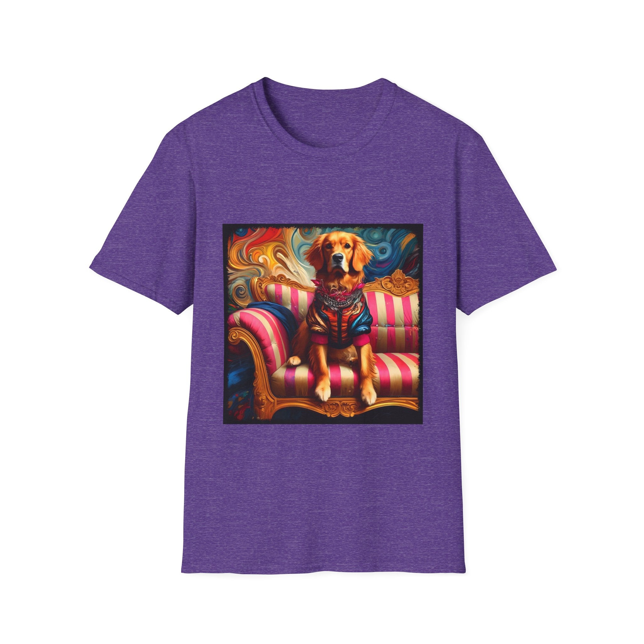 Heather purple dog t-shirt with golden retriever in regal jacket on pink striped settee, swirled backdrop.