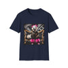 Navy dog t-shirt featuring white dog in pink bows and boots on gold settee with edgy gray backdrop.