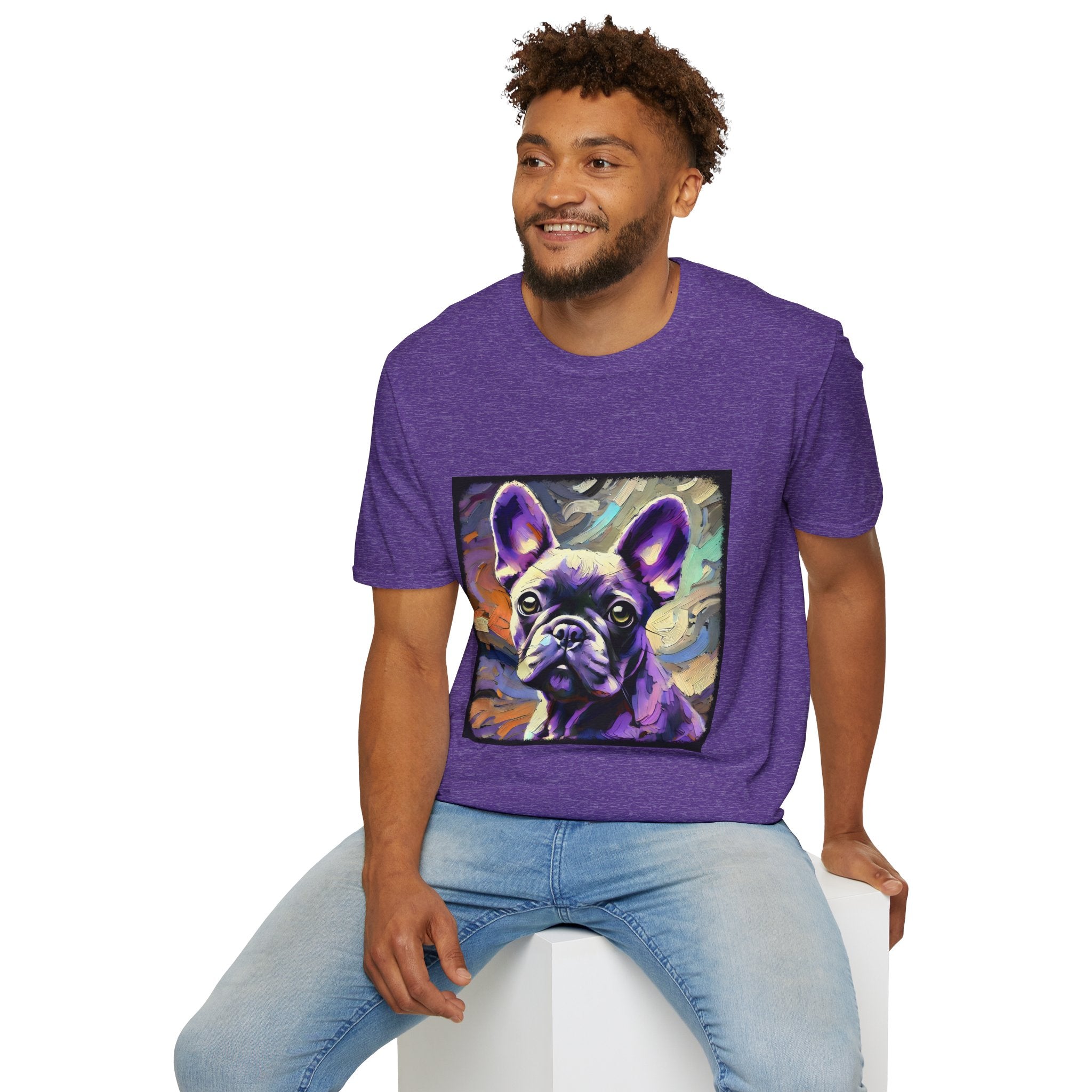 Male model in heather purple dog t-shirt featuring a lavender purple French Bulldog with swirling brushstrokes of teal, orange, and cream.
