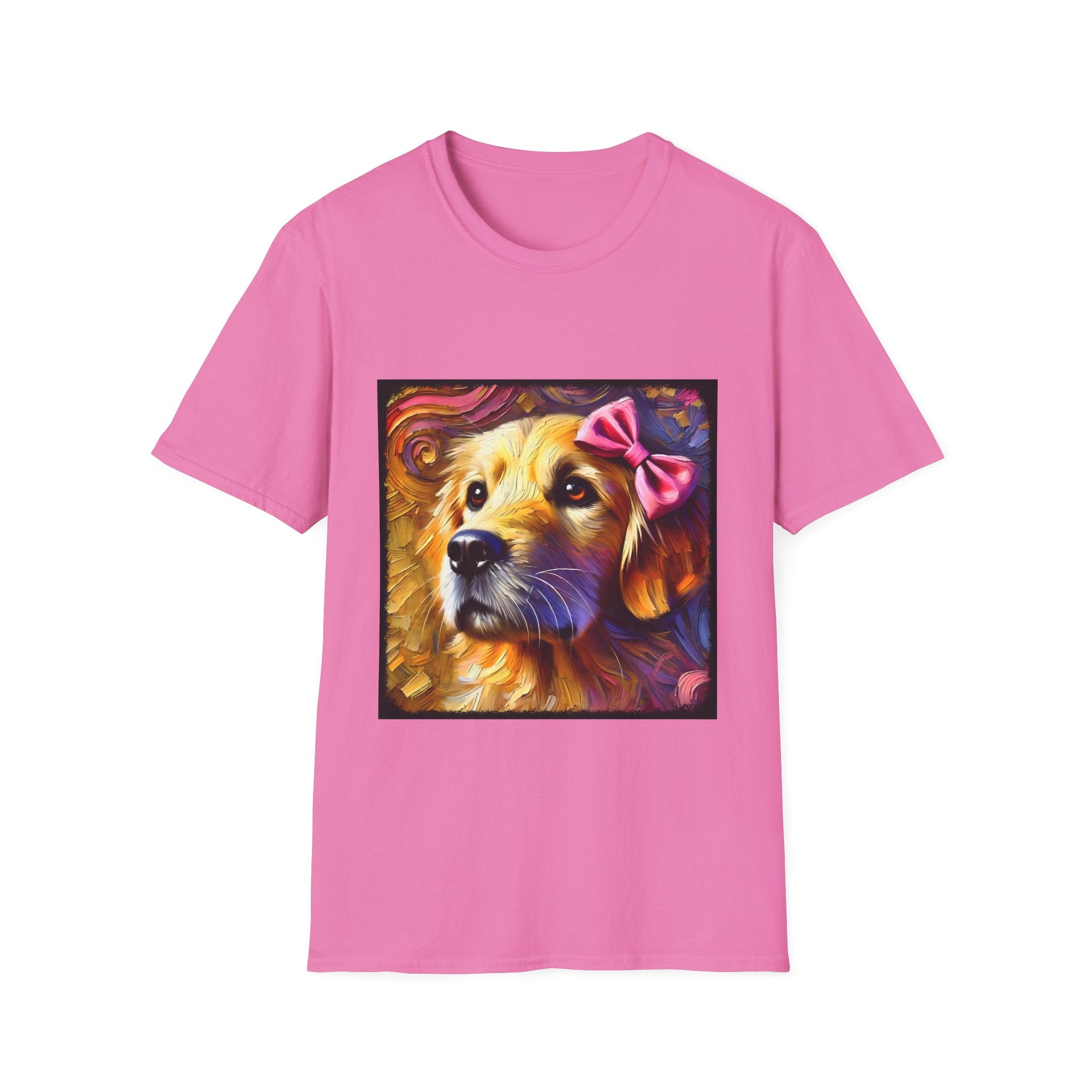 Bright pink dog t-shirt featuring golden retriever with pink bow on head, set against vivid painterly swirls.