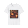 White dog t-shirt with golden retriever on red settee, pearl collar, and regal columned backdrop.