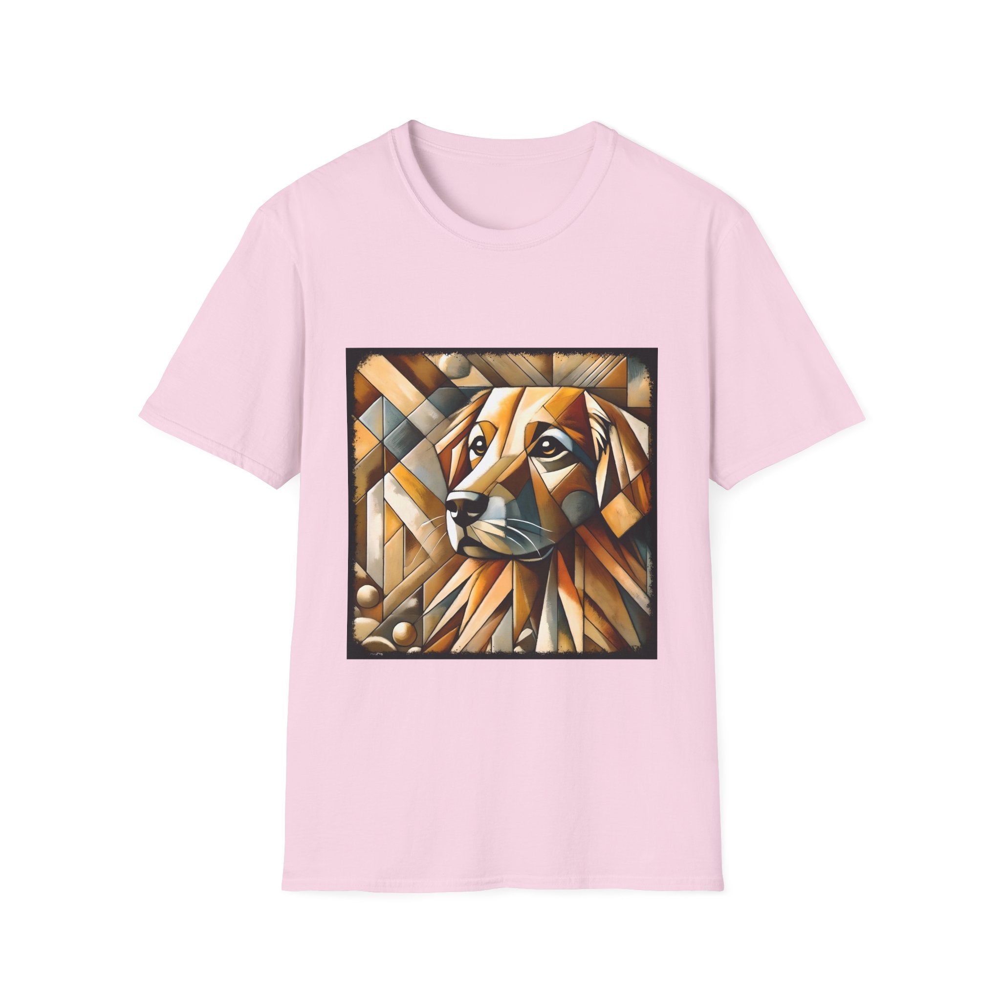 Light pink dog t-shirt featuring golden retriever in geometric cubist style with warm amber and tan tones.