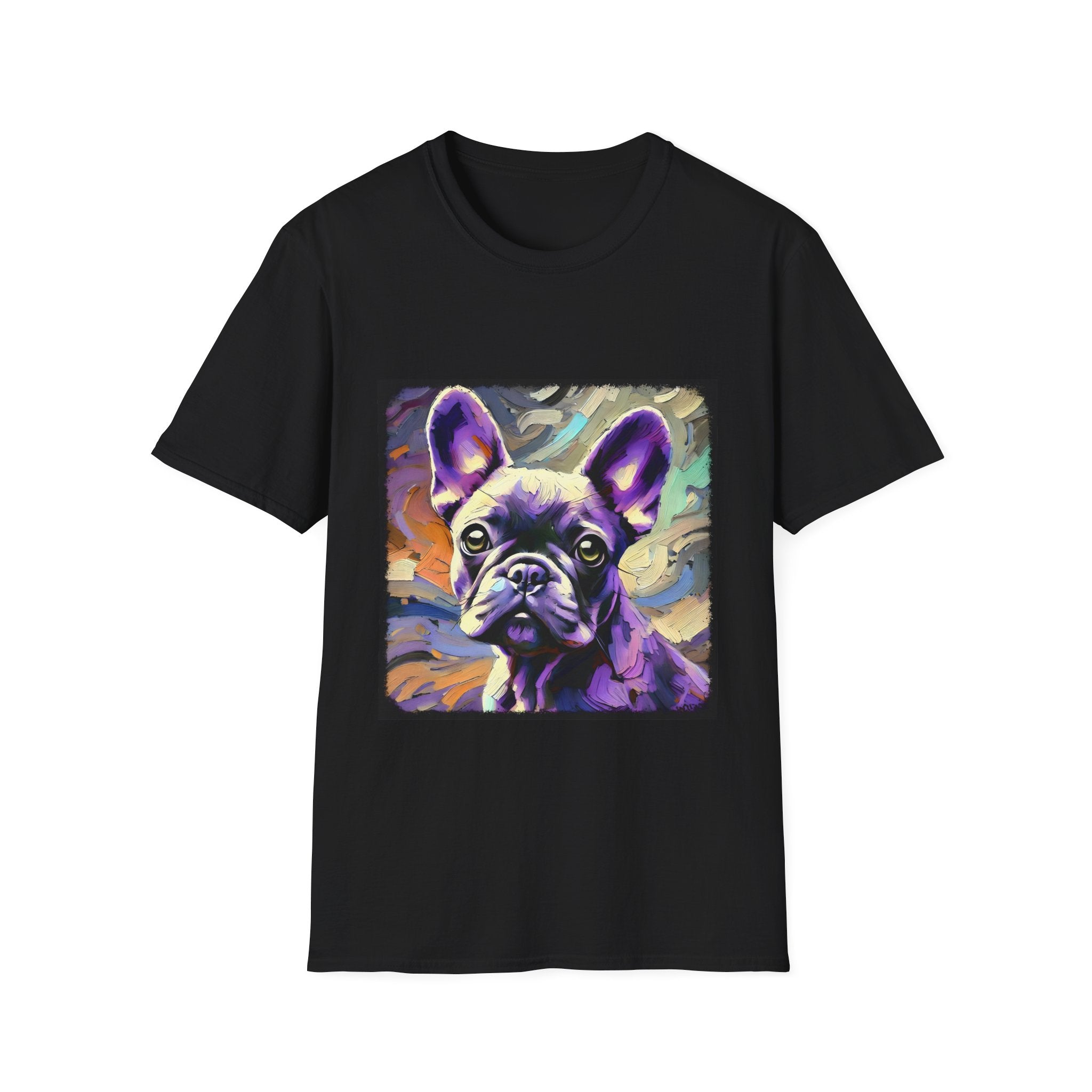 Black dog t-shirt featuring a lavender purple French Bulldog with swirling brushstrokes of teal, orange, and cream.