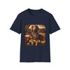 Navy dog t-shirt featuring a chocolate brown golden retriever in a jeweled collar, seated on a vintage tufted settee.