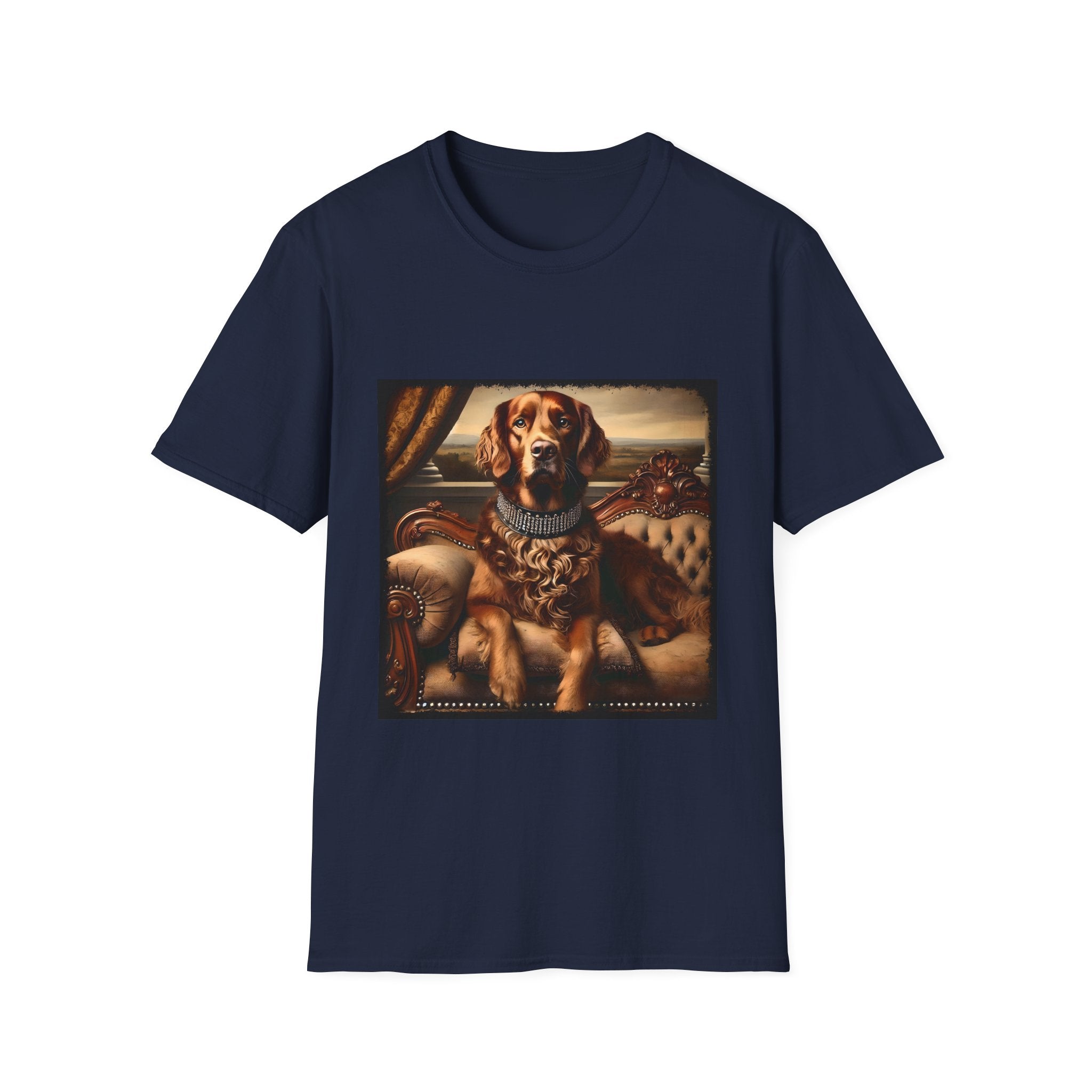 Navy dog t-shirt featuring a chocolate brown golden retriever in a jeweled collar, seated on a vintage tufted settee.