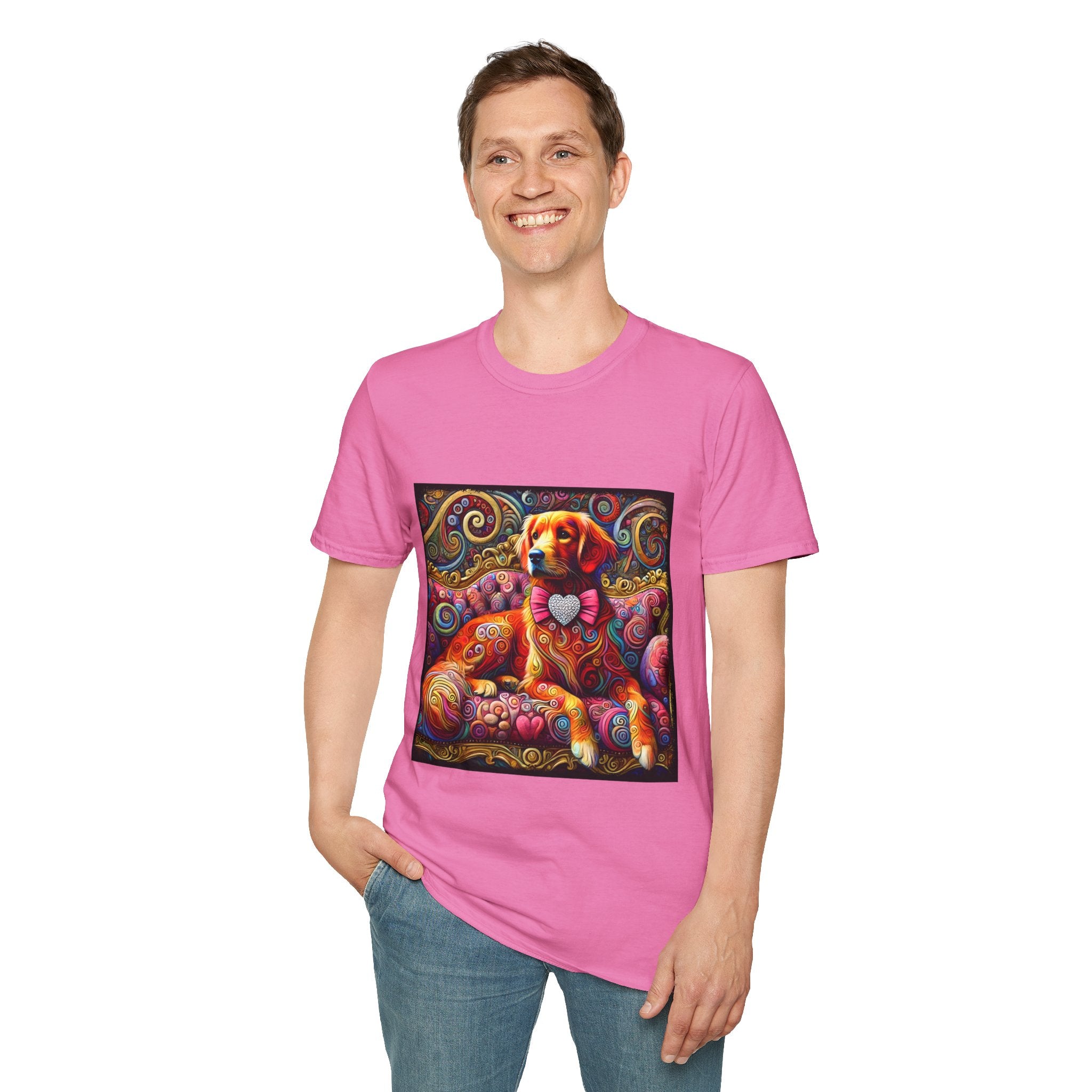 Male model in pink dog t-shirt with golden retriever in pink bow on vibrant swirl settee with heart details.