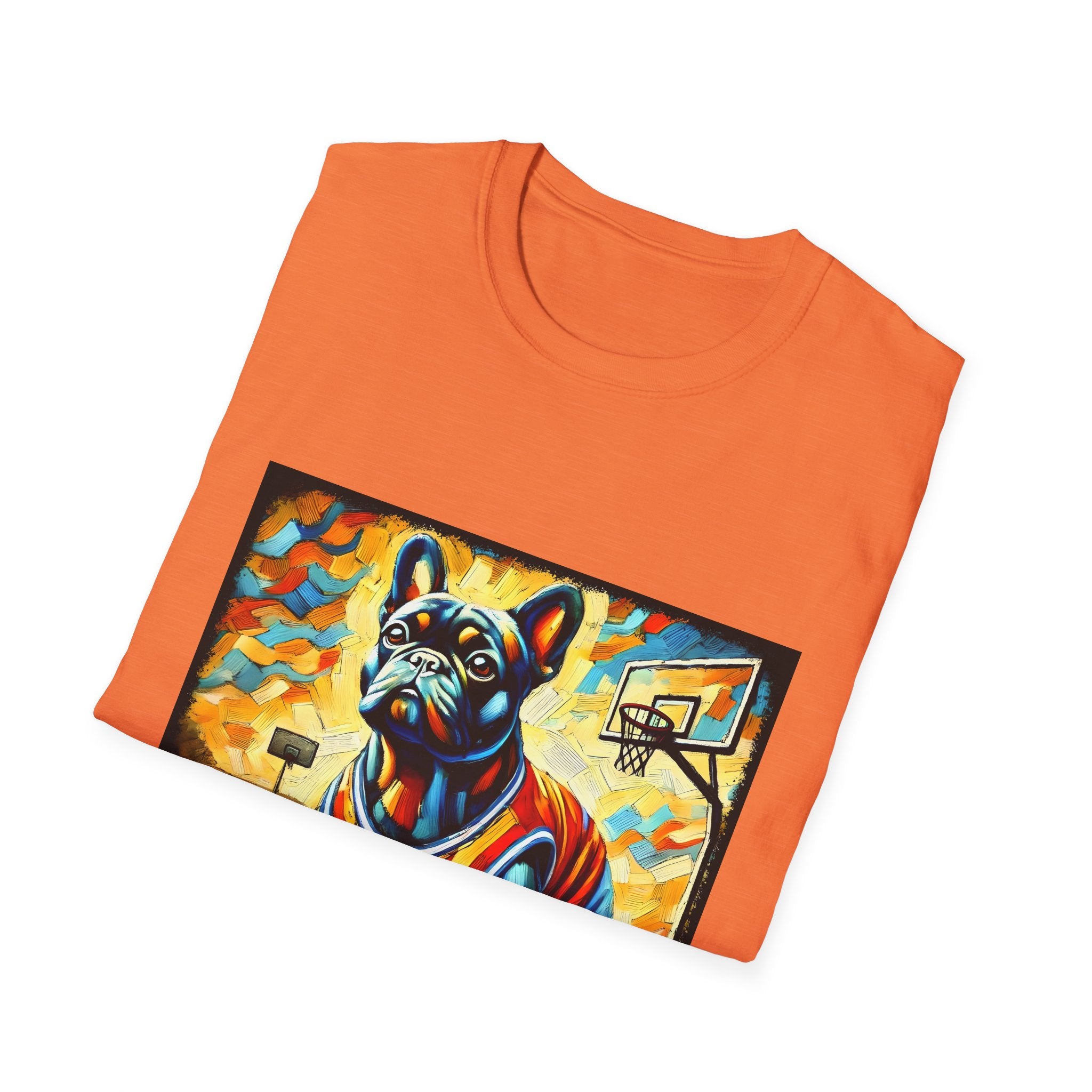 Front view of folded heather orange dog t-shirt featuring French Bulldog in red jersey on basketball court, expressionism style.