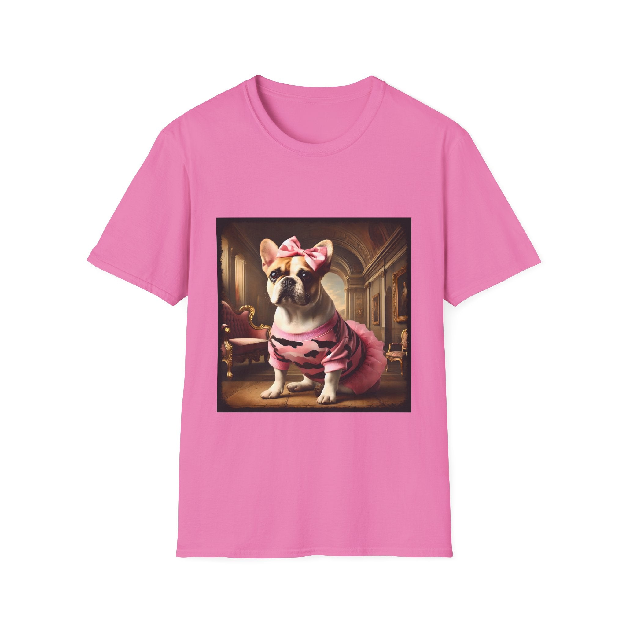 Pink dog t-shirt featuring fawn and white French Bulldog in pink camouflage dress and bow in ornate hallway scene.