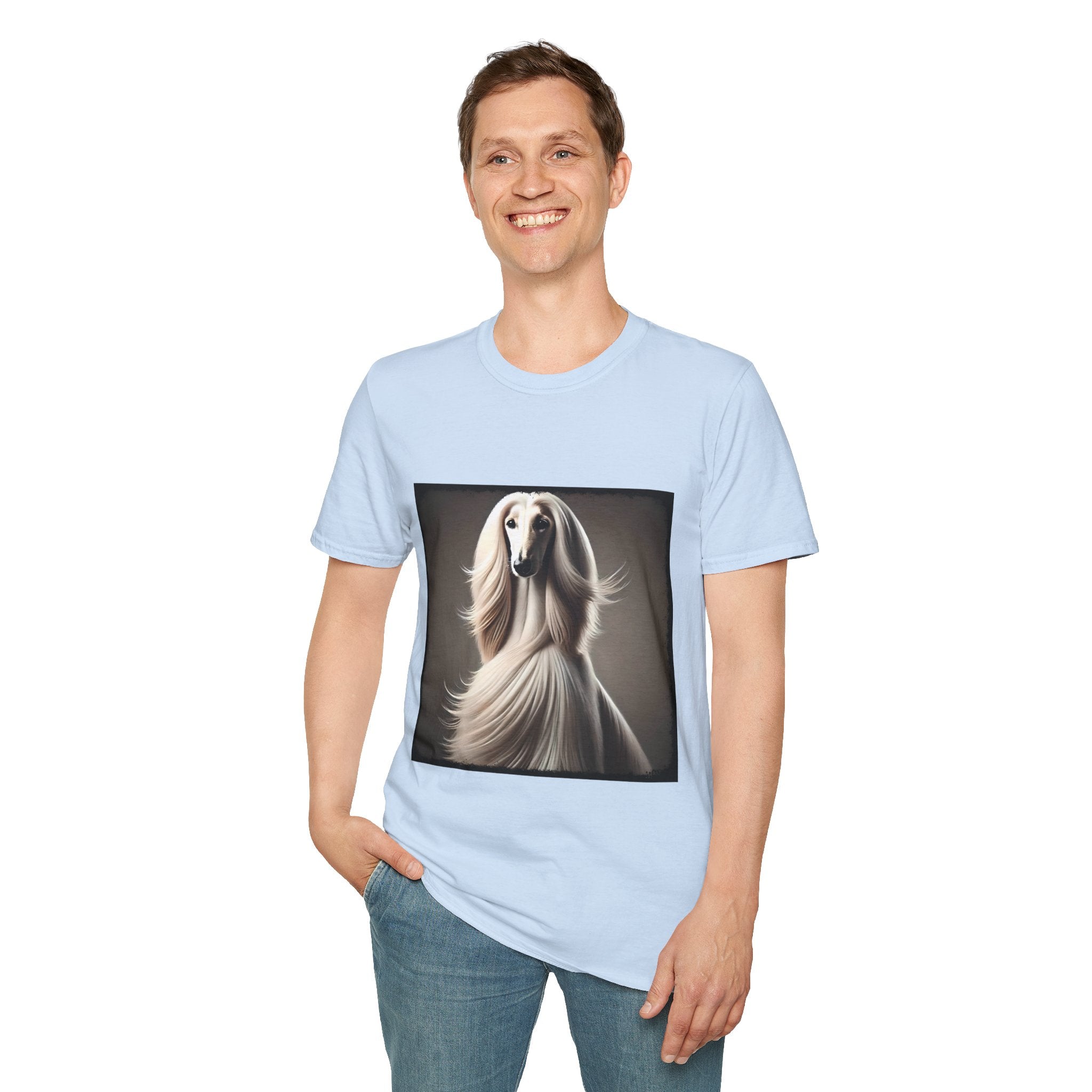 Front view of person wearing light blue dog t-shirt featuring a White Afghan Hound with flowing hair, set against a soft background