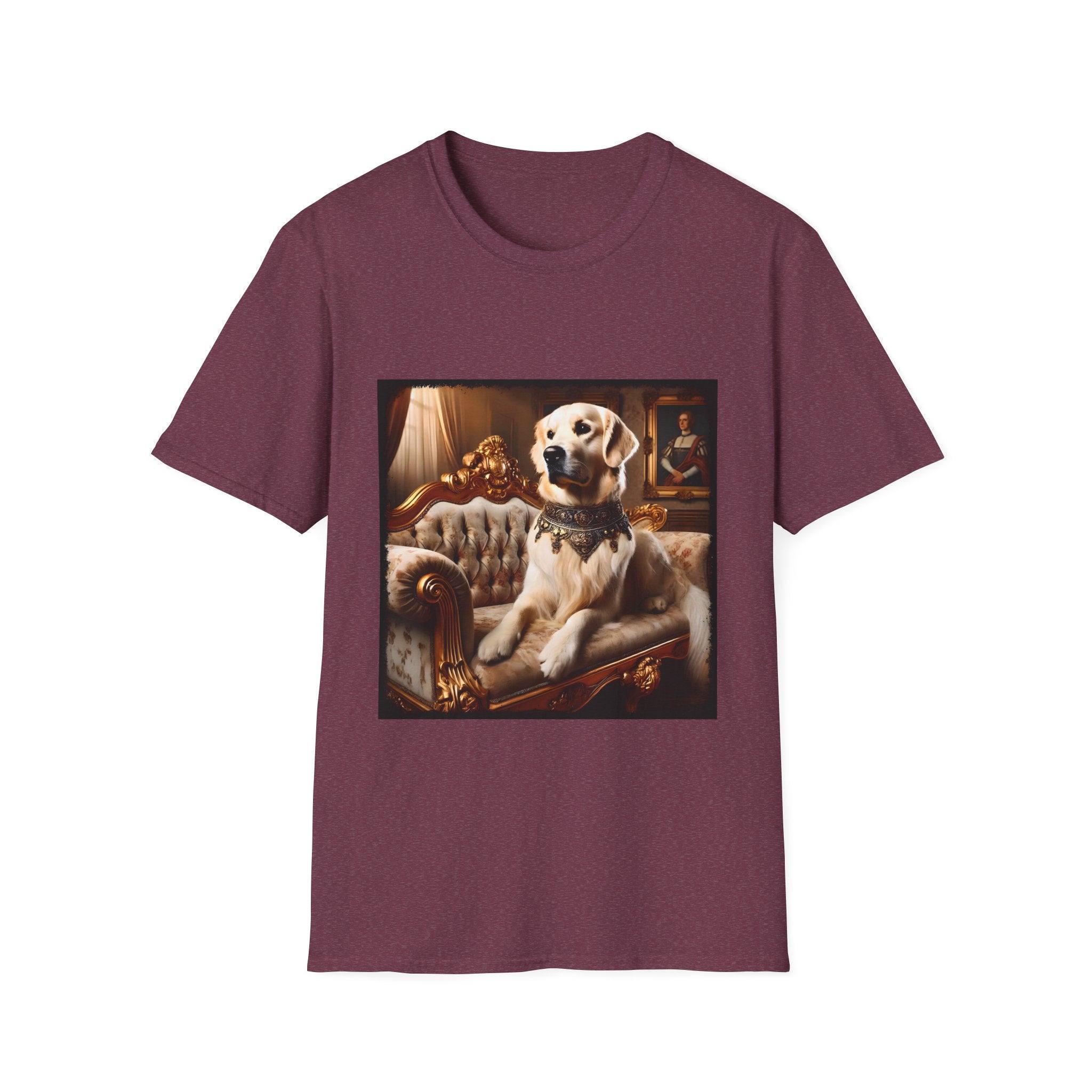 Heather maroon dog t-shirt featuring golden retriever in jeweled collar on ornate cream and gold settee, regal setting.