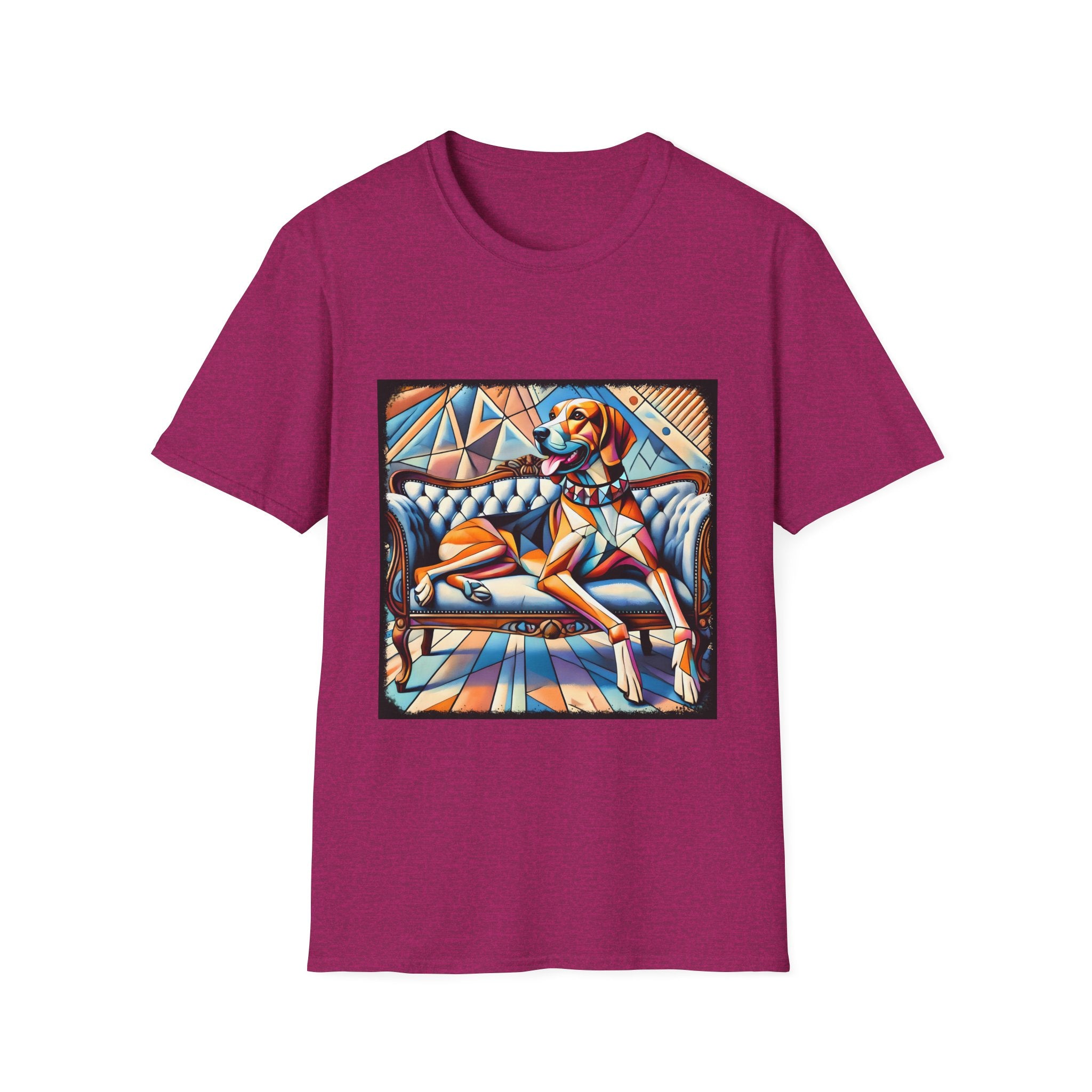 The Treeing Walker Coonhound Bold Geometric Unisex Dog T-Shirt features a vibrant magenta dog design with abstract shapes on a blue couch—perfect for fans of unique, colorful dog-themed shirts.