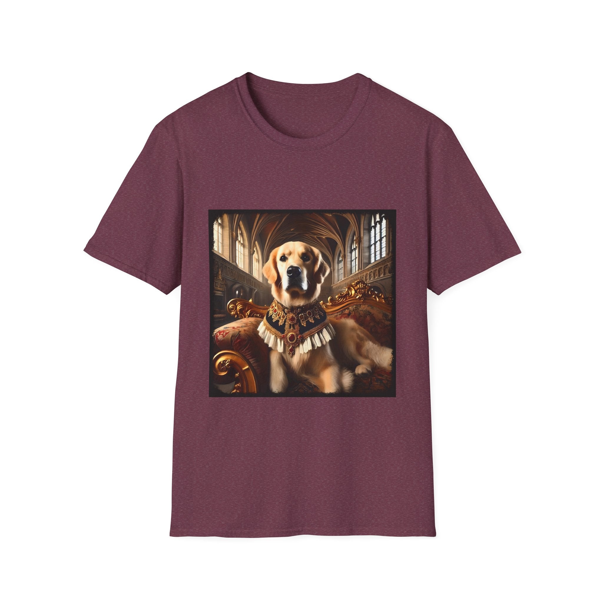 Heather maroon dog t-shirt featuring golden retriever in royal collar on ornate settee in gothic hall.