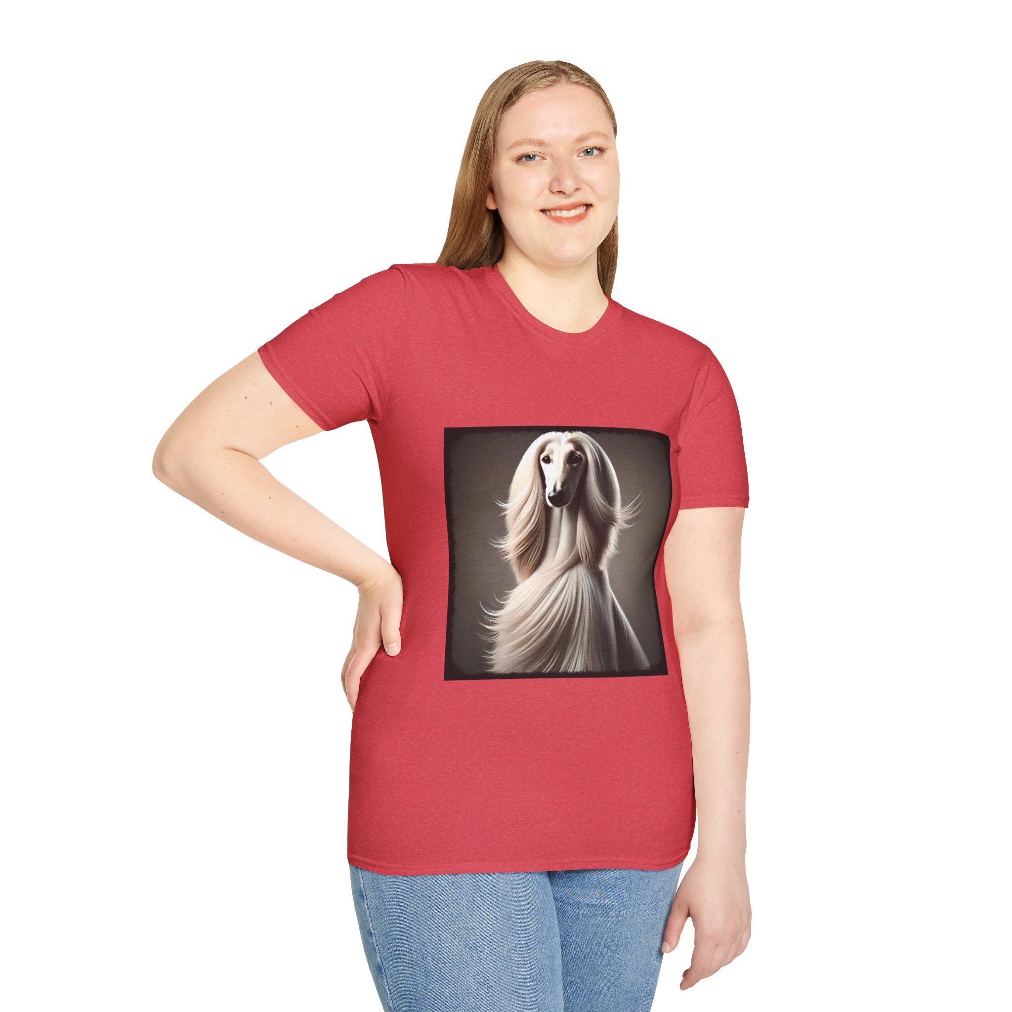 Front view of woman wearing  red dog t-shirt featuring a White Afghan Hound with flowing hair, set against a soft background