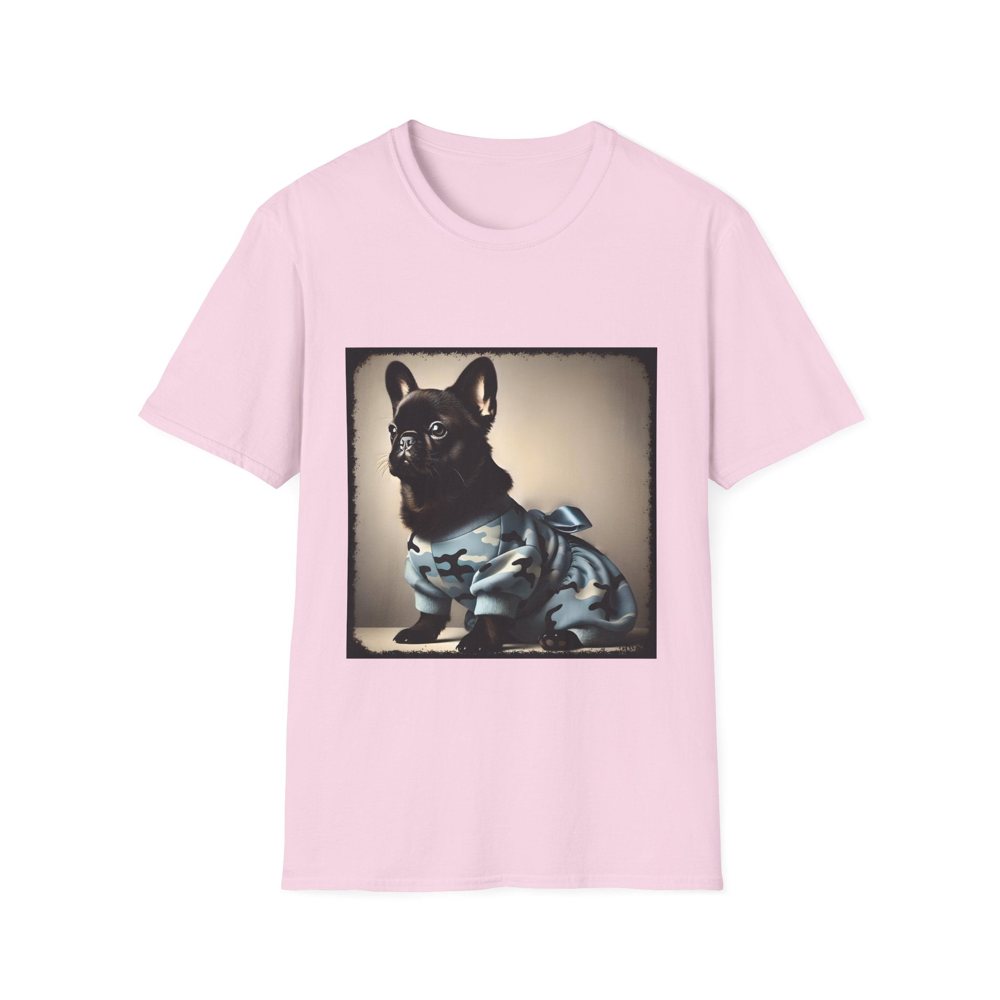 Light pink dog t-shirt featuring black French Bulldog in blue camo outfit with bow, set in soft vintage portrait.