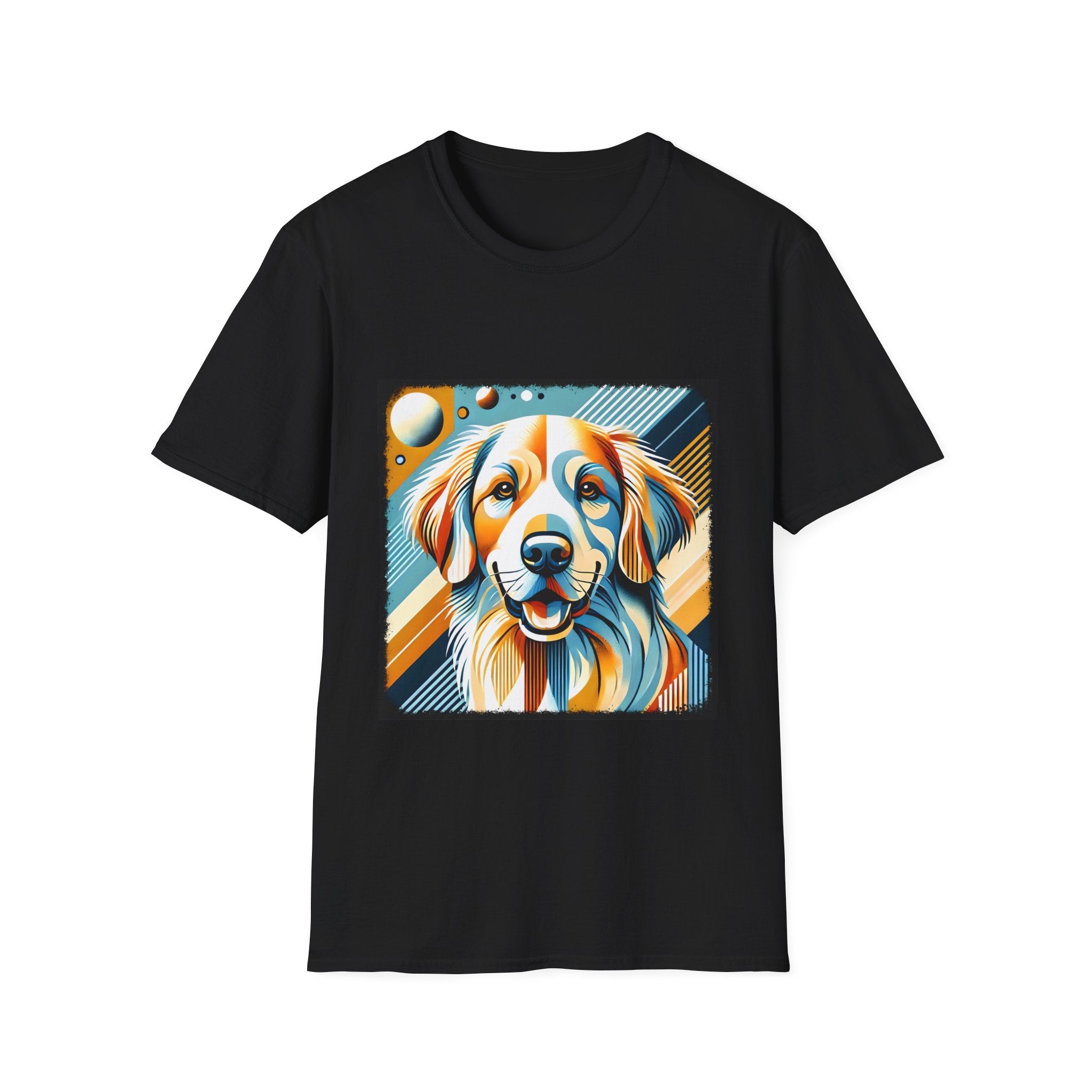 Black dog t-shirt featuring smiling golden retriever in abstract pop style with blue, orange, and cream tones.