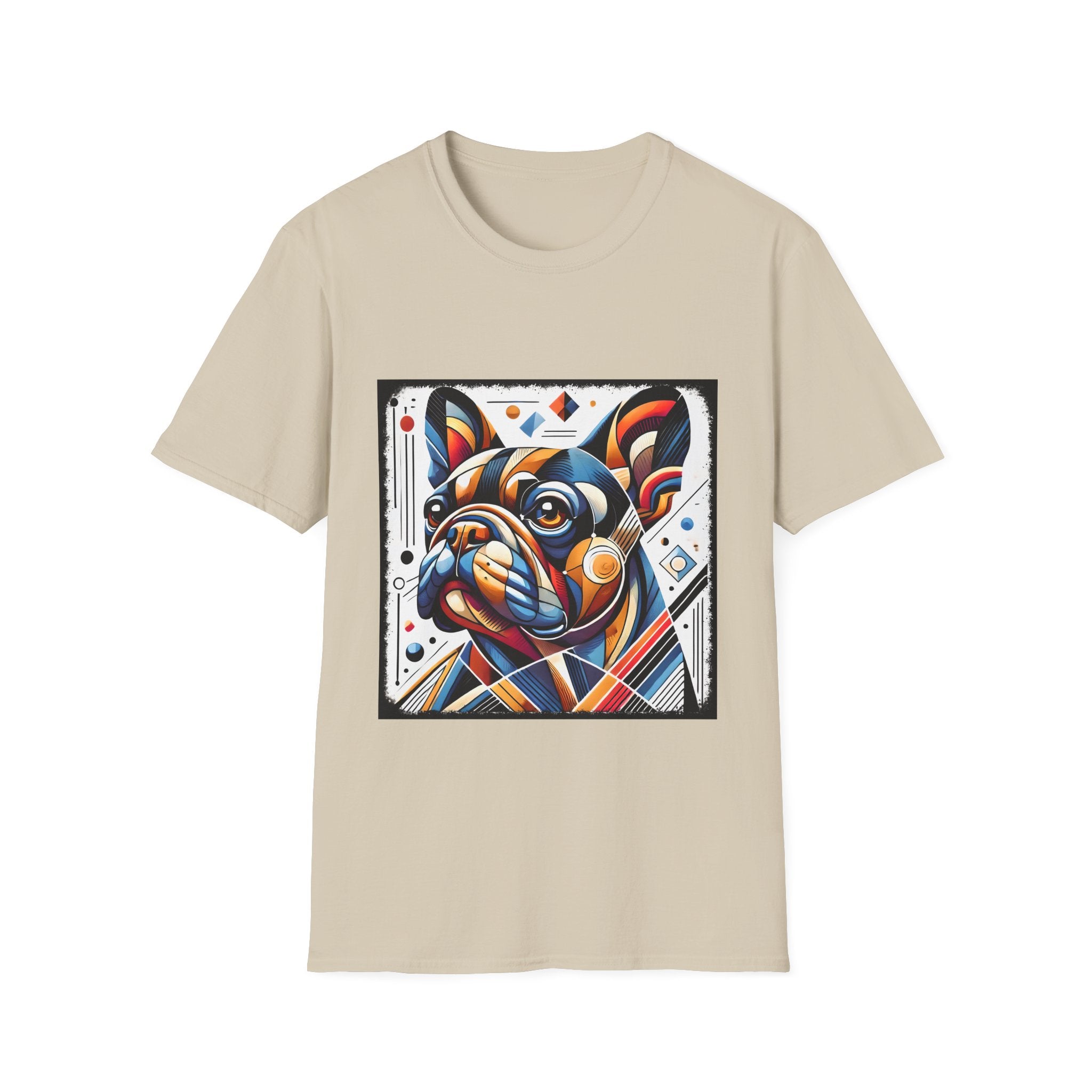Sand dog t-shirt featuring geometric-style French Bulldog in vivid orange, blue, and red against a white abstract background.