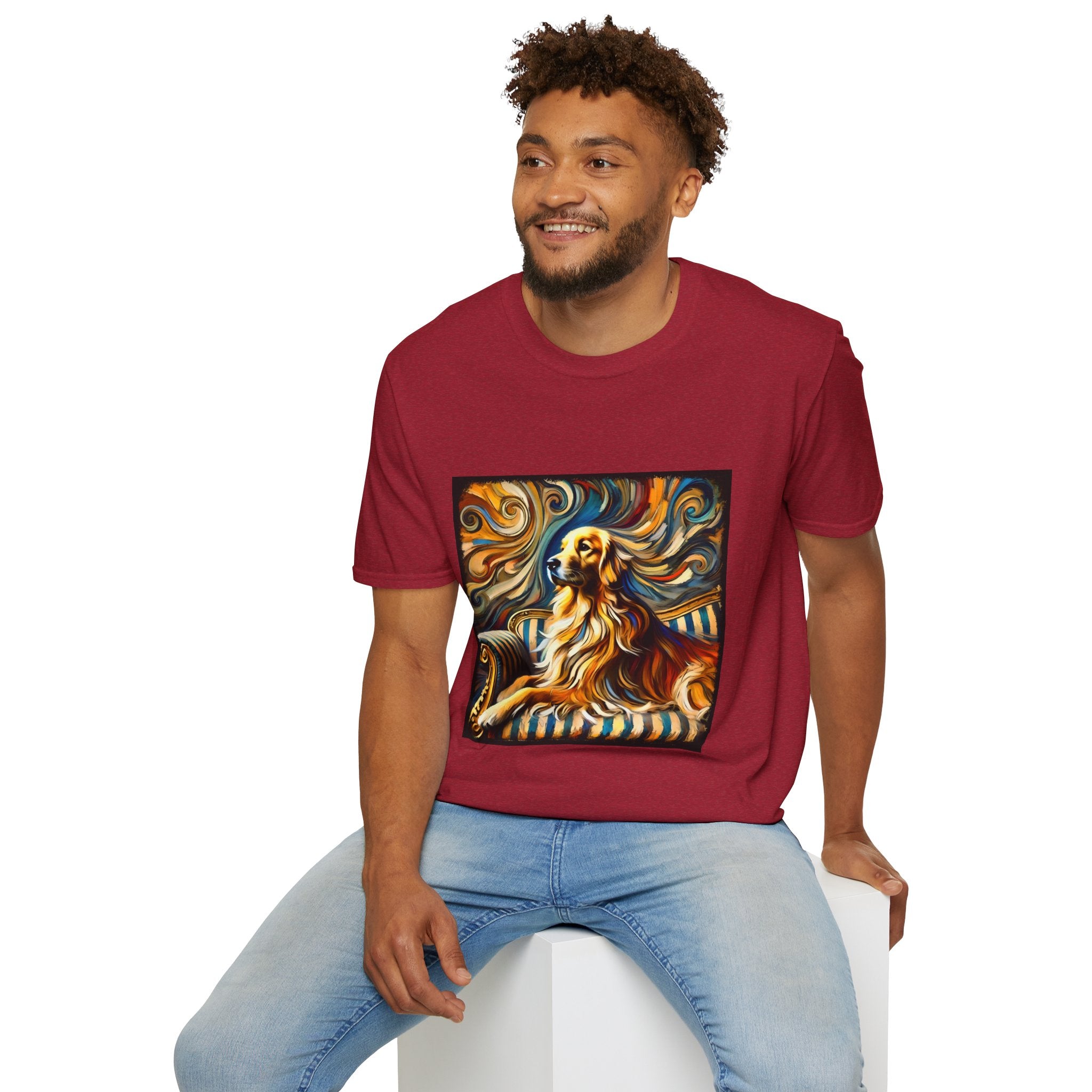 Male model in antique cherry red dog t-shirt featuring golden retriever on striped settee with swirling abstract background in golds.