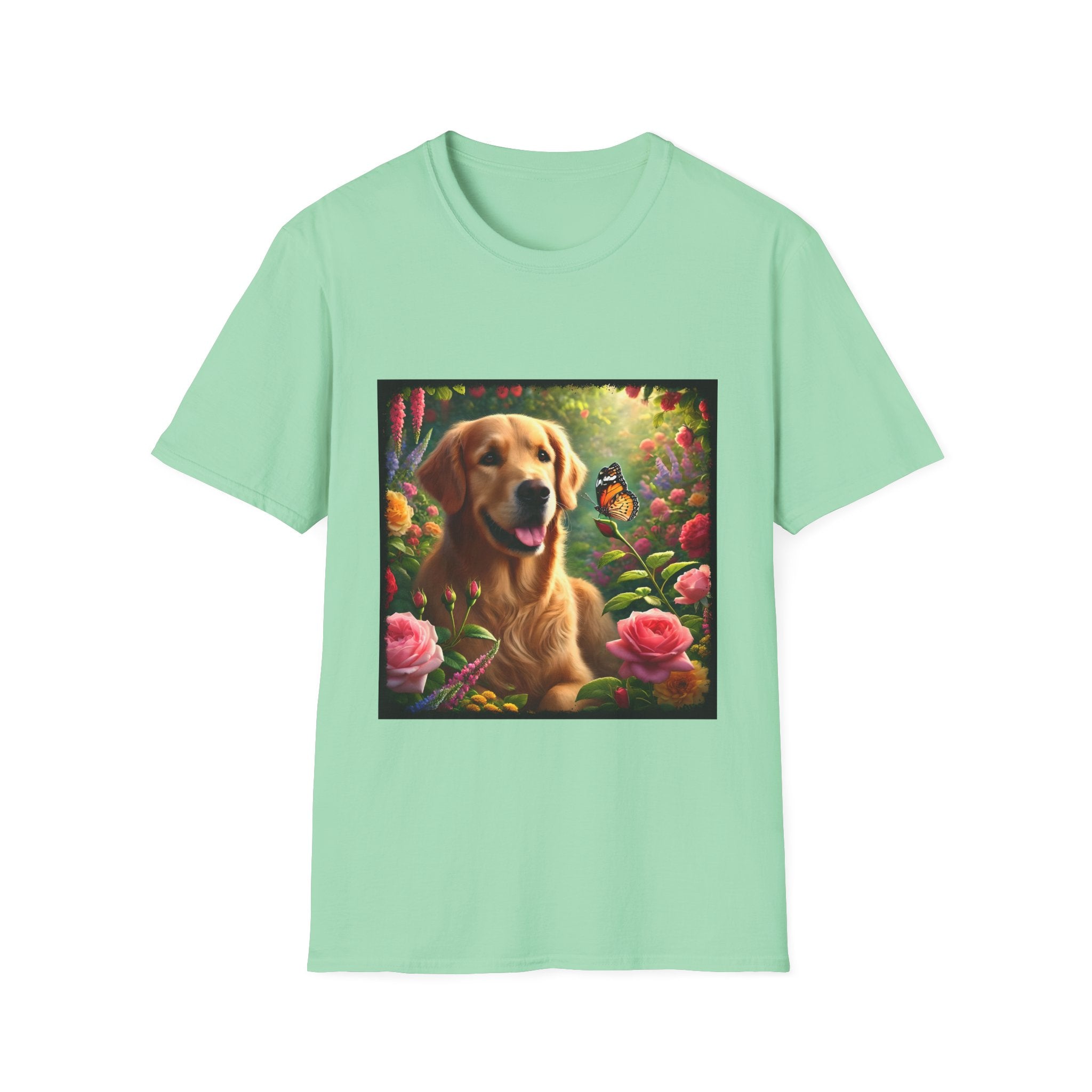 Mint green dog t-shirt featuring a golden retriever in a vibrant garden with roses, wildflowers, and a butterfly.