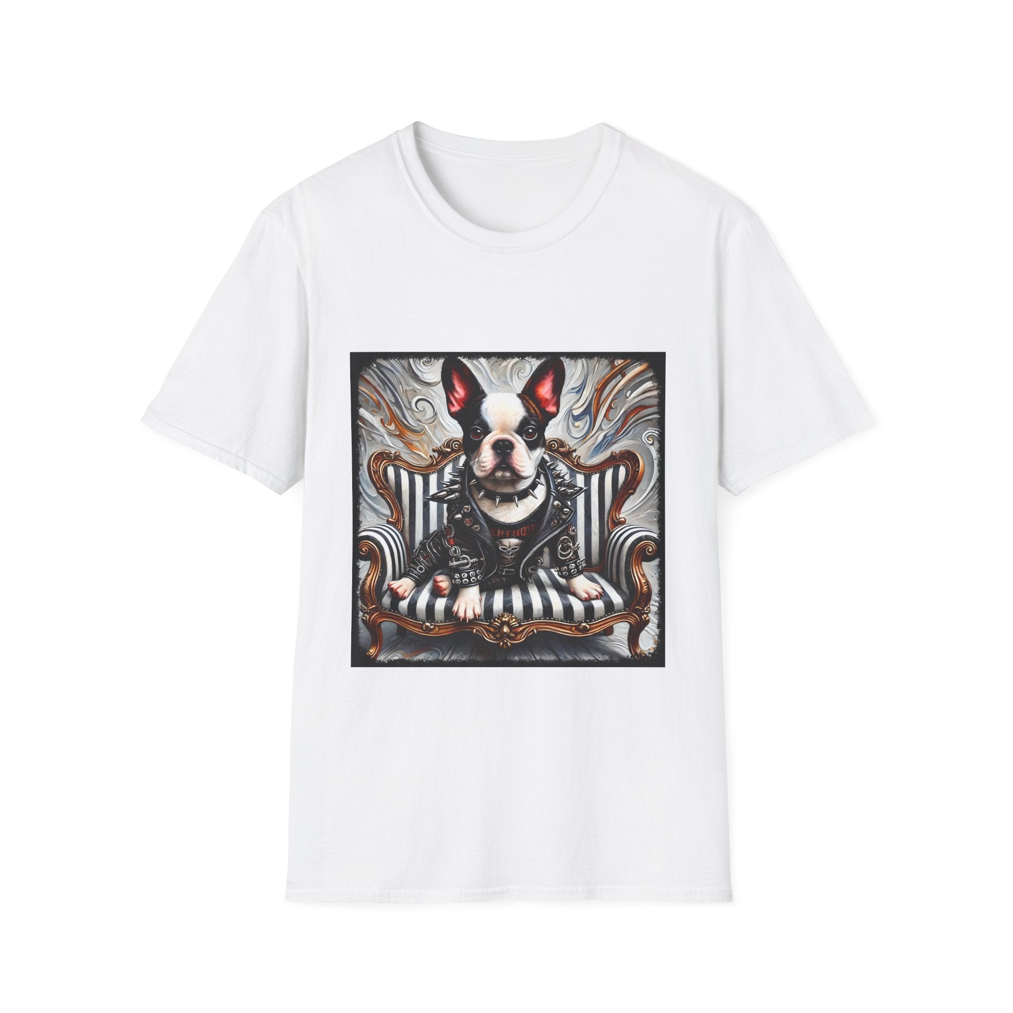 White dog t-shirt featuring Boston Terrier in leather studded jacket on striped chair with metallic swirl background.