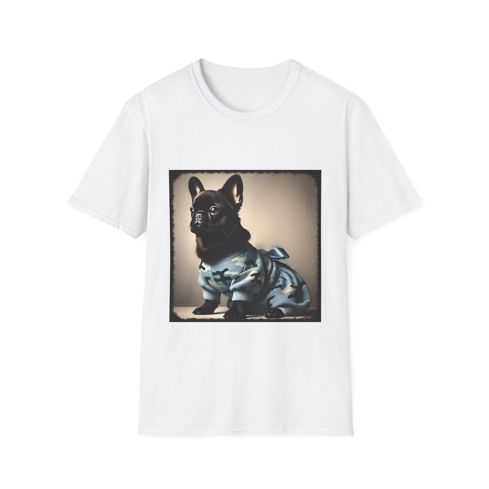 White dog t-shirt featuring black French Bulldog in blue camo outfit with bow, set in soft vintage portrait.