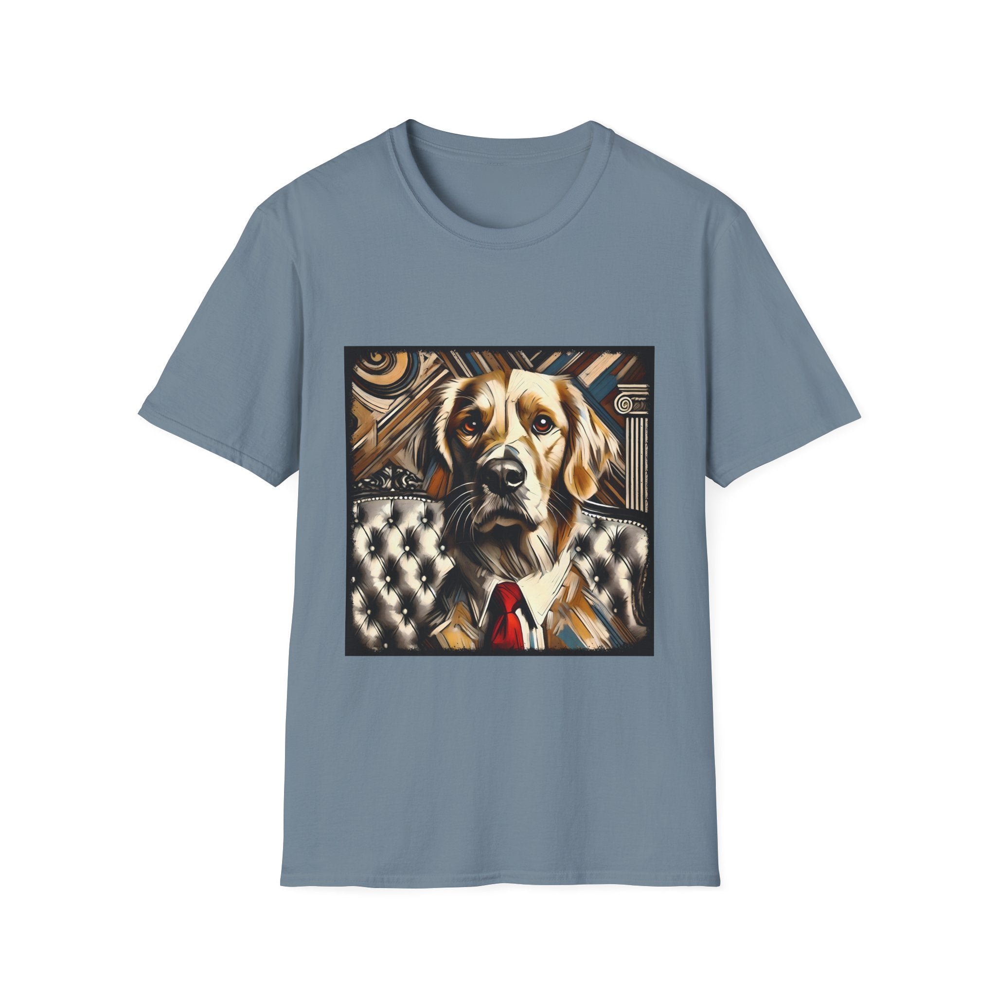 Stone blue dog t-shirt featuring golden retriever in suit and red tie, seated on tufted chair with abstract backdrop.