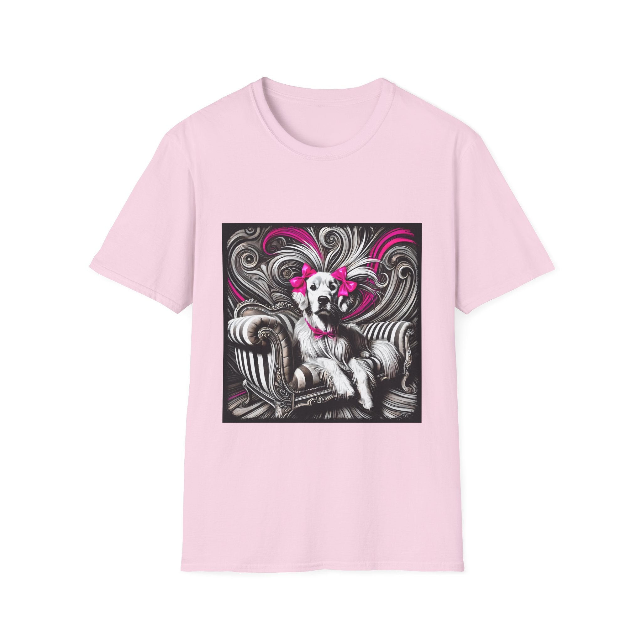 Light pink dog t-shirt featuring black-and-white art of retriever with pink bows and swirling accents.