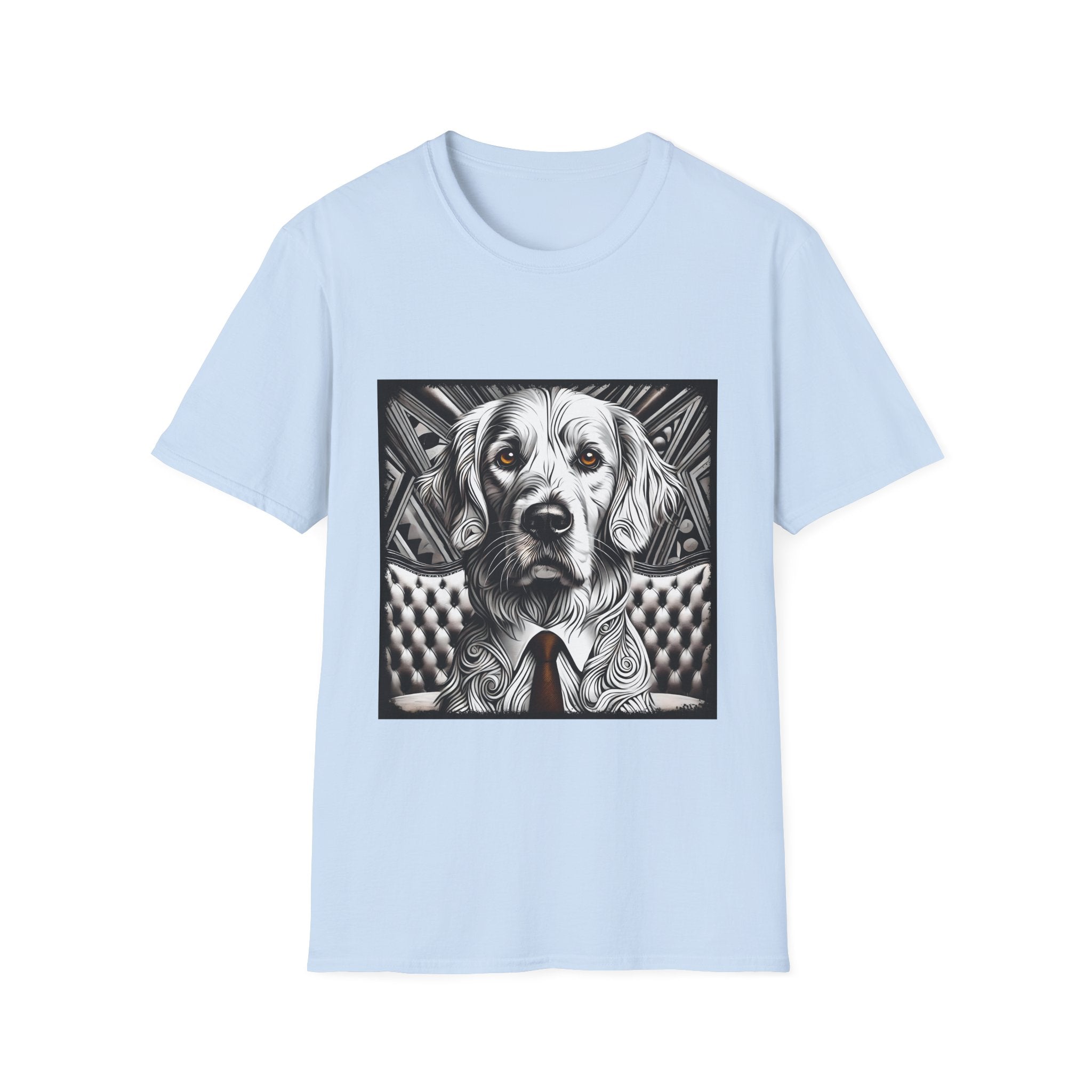 Light blue dog t-shirt featuring monochrome golden retriever with brown eyes and tie in front of settee.