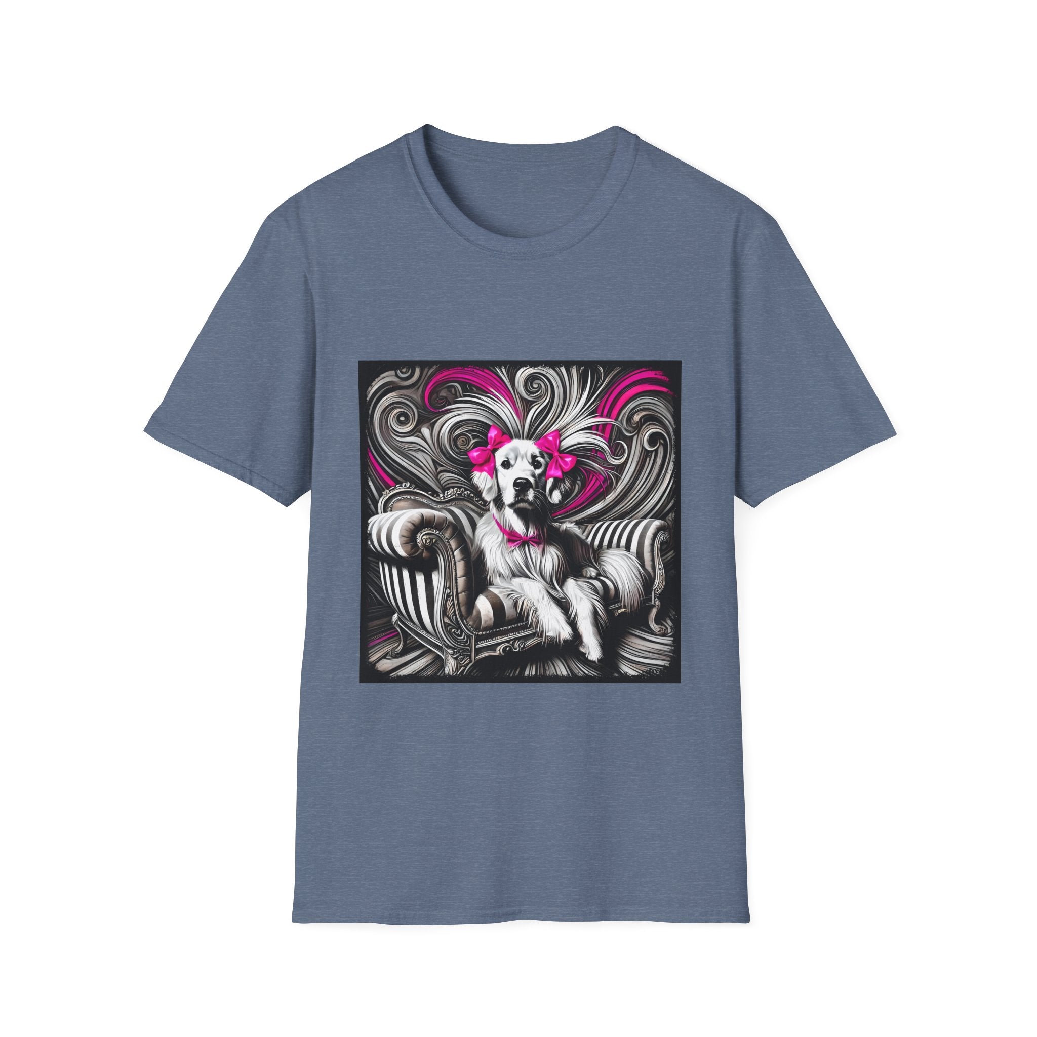 Heather indigo dog t-shirt featuring black-and-white art of retriever with pink bows and swirling accents.