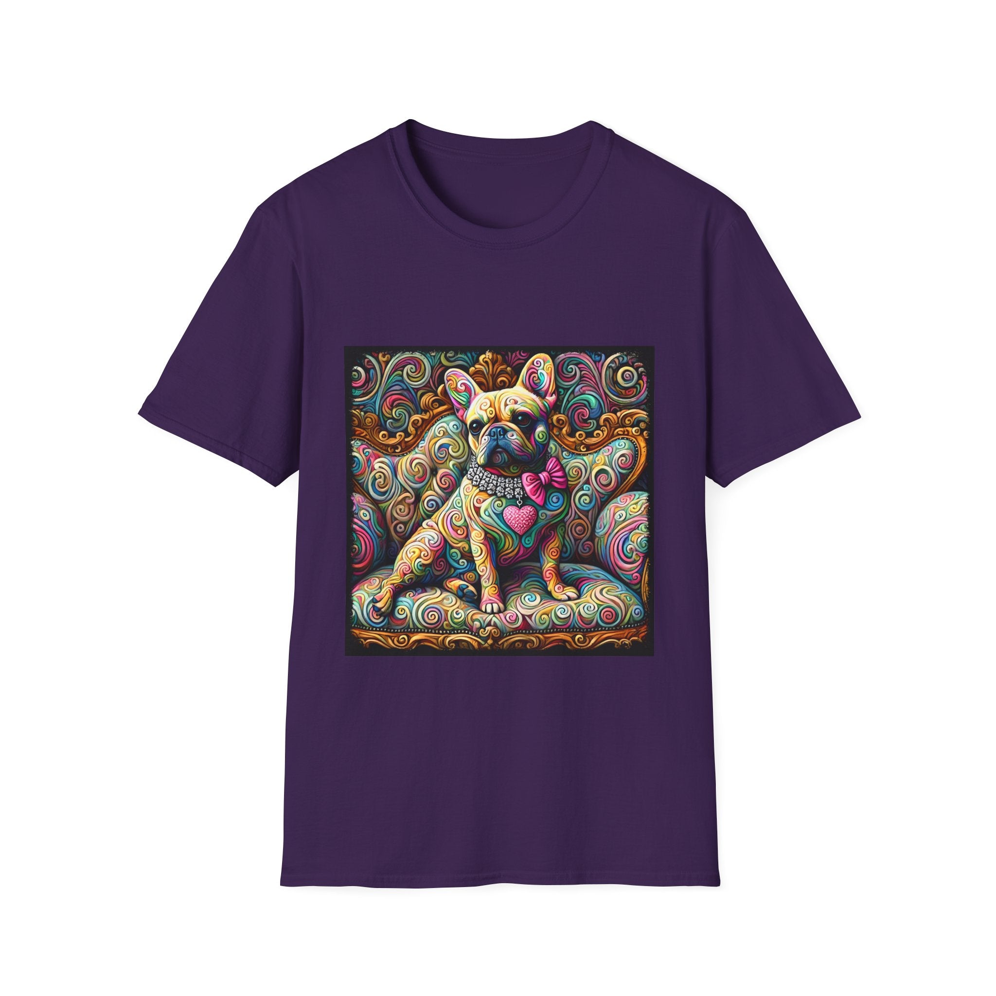 Purple dog t-shirt featuring a tan French Bulldog with pink bow and heart on a vivid rainbow swirl couch.